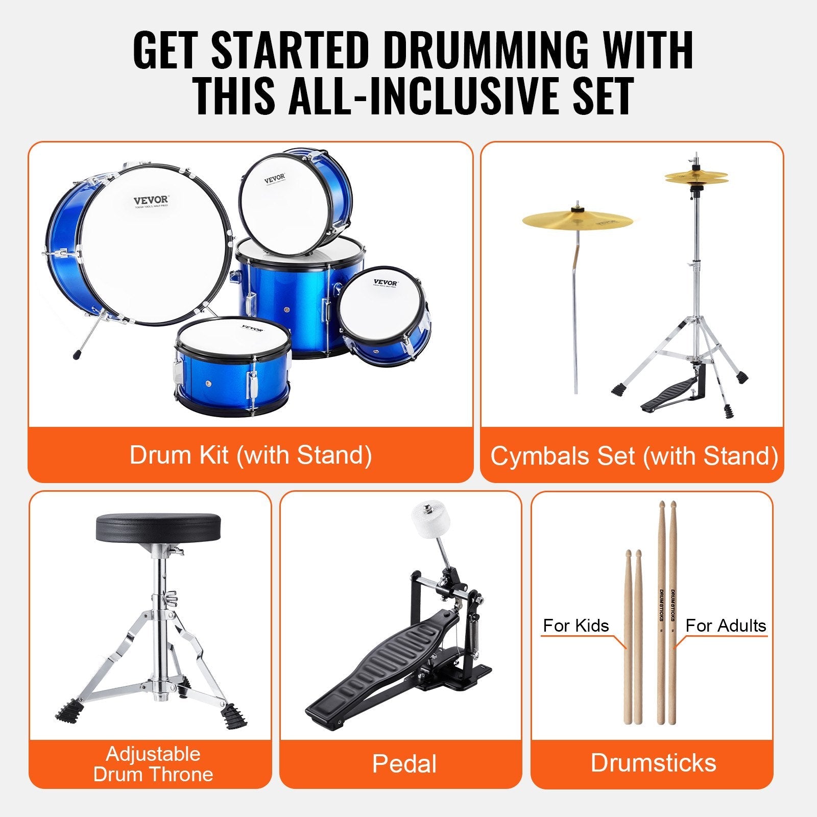 VEVOR Kids Drum Set, 5-Piece, 16 in Beginner Full Drum Set with Bass Toms Snare Floor Drum Adjustable Throne Cymbal Hi-Hat Pedal and Two Pairs of Drumsticks, Starter Drum Kit for Child Kids, Blue 