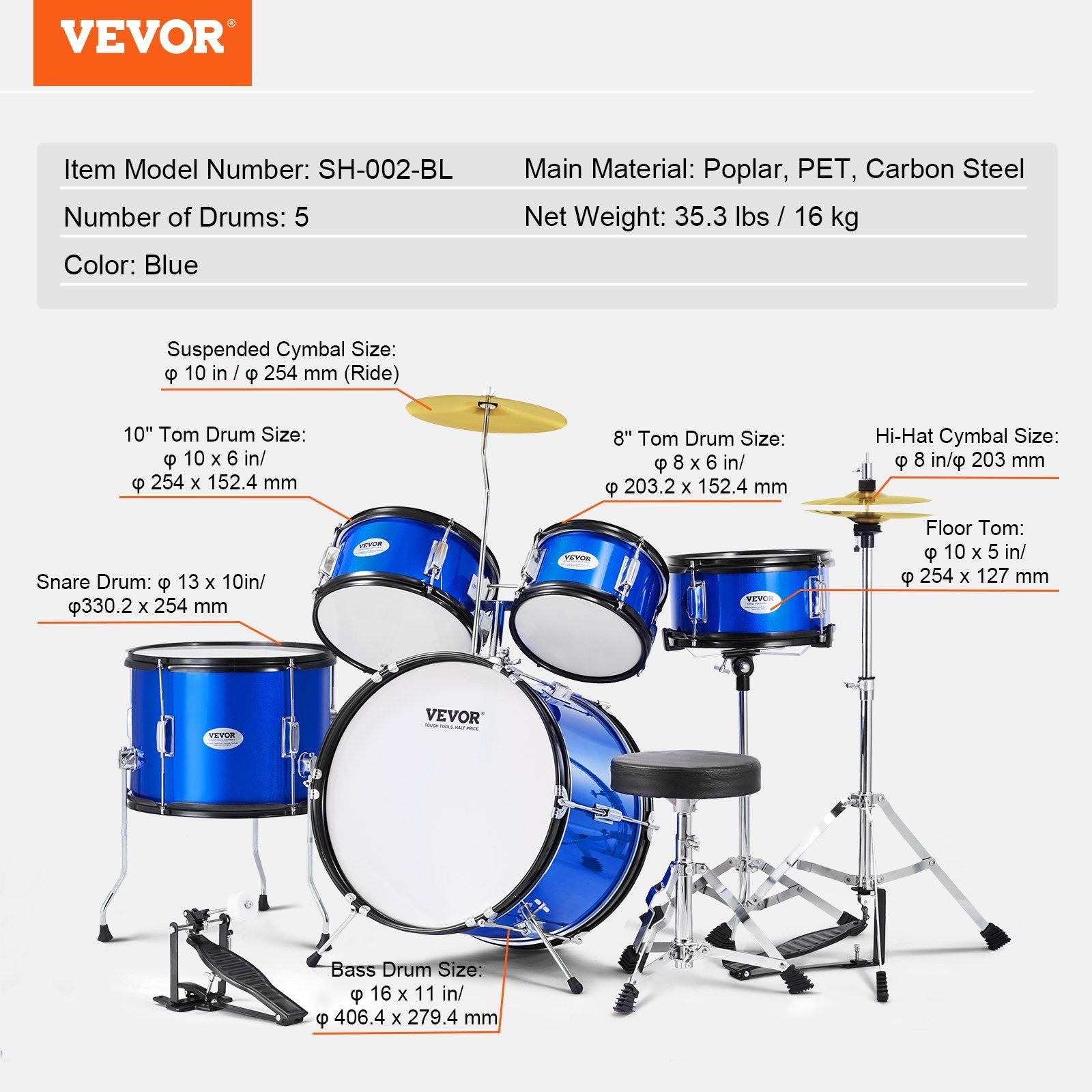 VEVOR Kids Drum Set, 5-Piece, 16 in Beginner Full Drum Set with Bass Toms Snare Floor Drum Adjustable Throne Cymbal Hi-Hat Pedal and Two Pairs of Drumsticks, Starter Drum Kit for Child Kids, Blue 