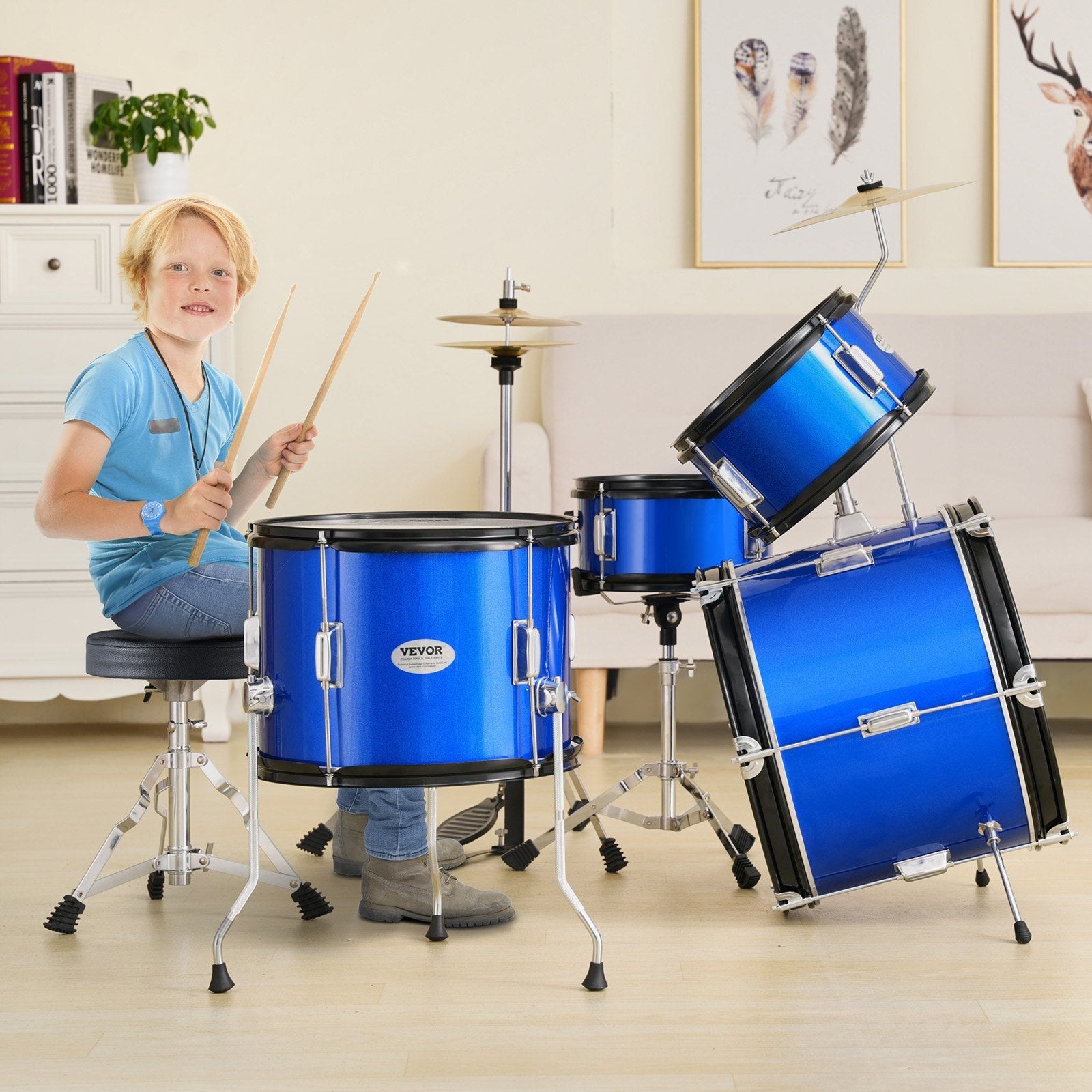 VEVOR Kids Drum Set, 5-Piece, 16 in Beginner Full Drum Set with Bass Toms Snare Floor Drum Adjustable Throne Cymbal Hi-Hat Pedal and Two Pairs of Drumsticks, Starter Drum Kit for Child Kids, Blue 