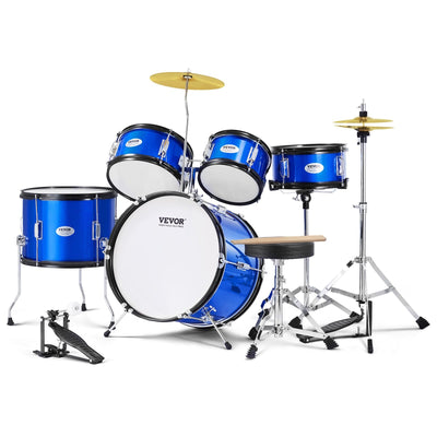 VEVOR Kids Drum Set, 5-Piece, 16 in Beginner Full Drum Set with Bass Toms Snare Floor Drum Adjustable Throne Cymbal Hi-Hat Pedal and Two Pairs of Drumsticks, Starter Drum Kit for Child Kids, Blue 