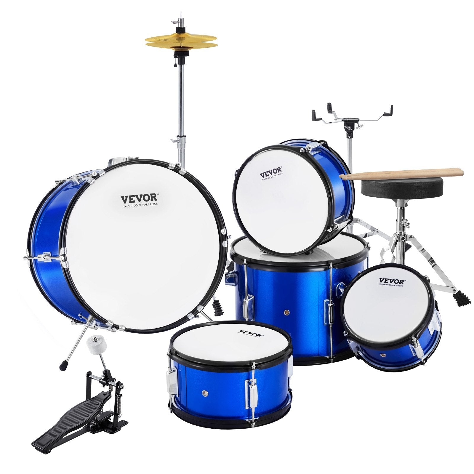 VEVOR Kids Drum Set, 5-Piece, 16 in Beginner Full Drum Set with Bass Toms Snare Floor Drum Adjustable Throne Cymbal Hi-Hat Pedal and Two Pairs of Drumsticks, Starter Drum Kit for Child Kids, Blue 
