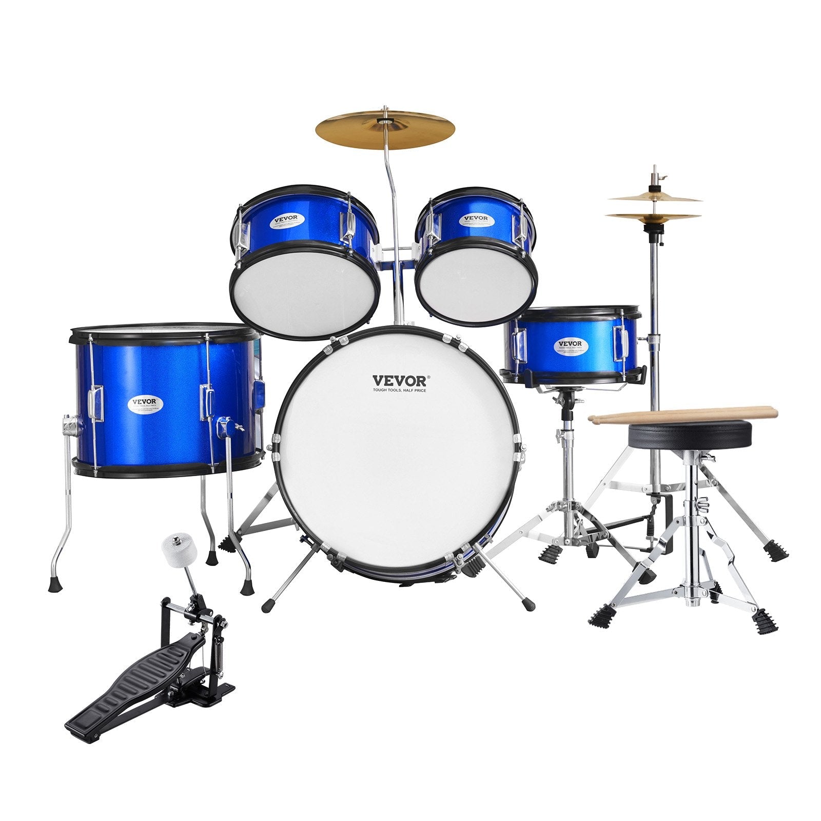 VEVOR Kids Drum Set, 5-Piece, 16 in Beginner Full Drum Set with Bass Toms Snare Floor Drum Adjustable Throne Cymbal Hi-Hat Pedal and Two Pairs of Drumsticks, Starter Drum Kit for Child Kids, Blue 
