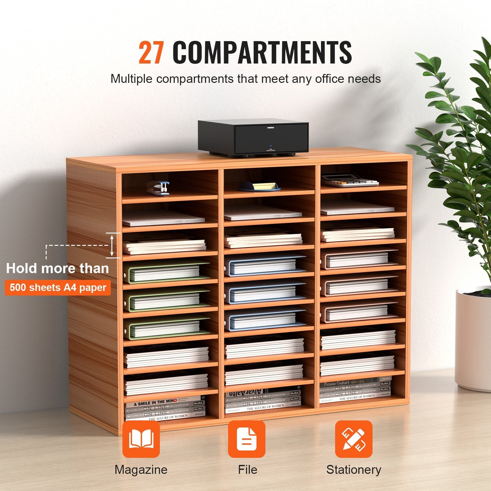 VEVOR Wood Literature Organizer File Sorter Paper Storage Holder 27 Slots White 
