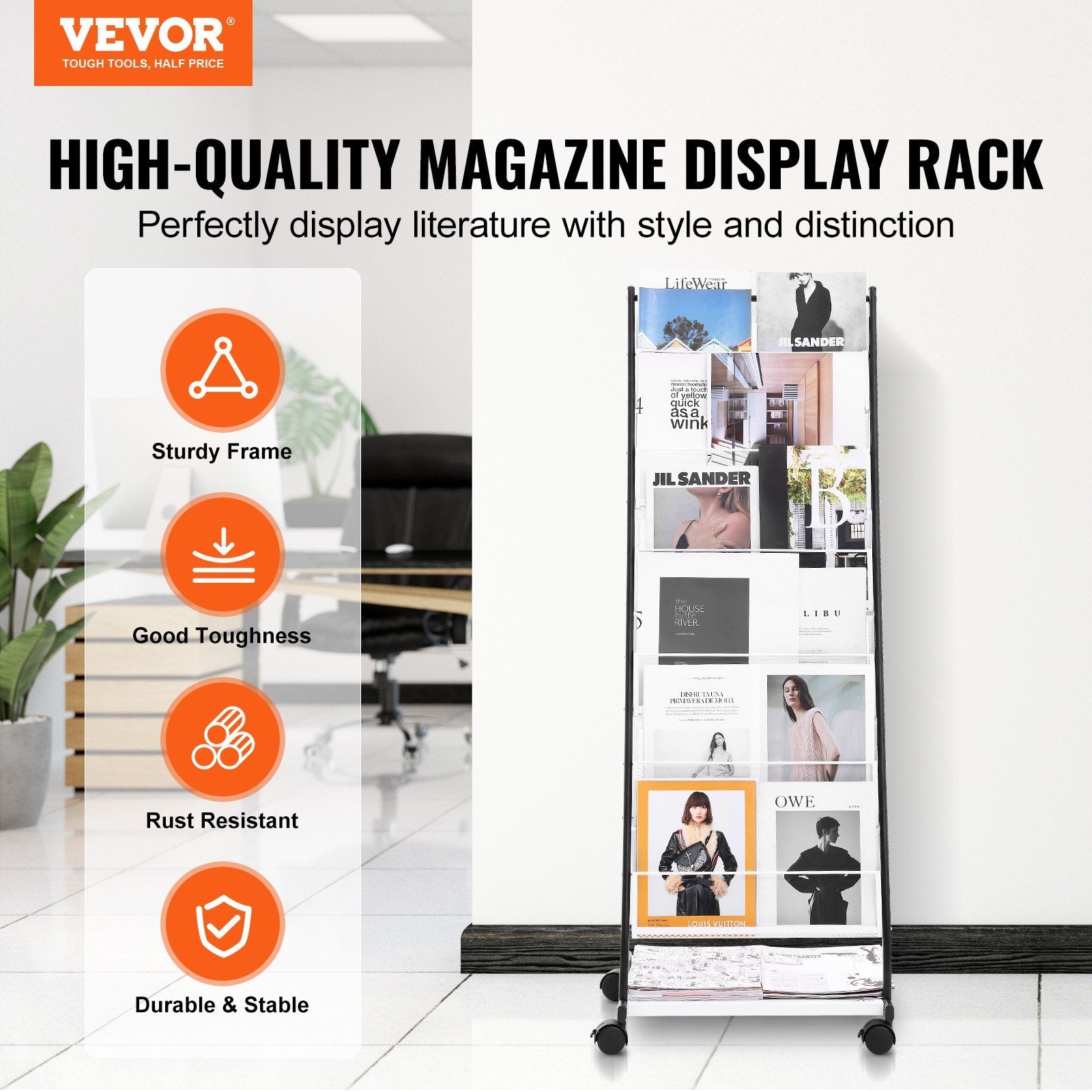 VEVOR Brochure Display Rack, 6-Tier Magazine Literature Display Stand, Floor Standing Magazine Rack Newspaper Catalog Holders, Movable with 4 Wheels (2 Lockable) for Shop Exhibitions Office, 6 Pockets 