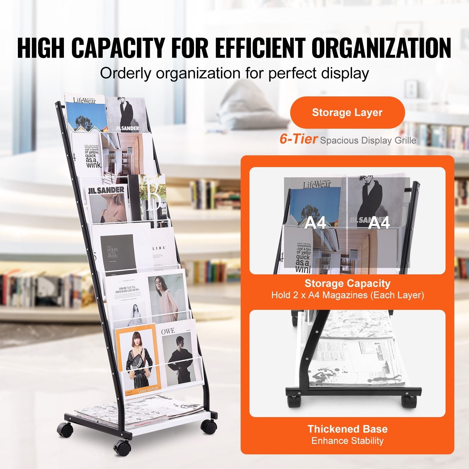 VEVOR Brochure Display Rack, 6-Tier Magazine Literature Display Stand, Floor Standing Magazine Rack Newspaper Catalog Holders, Movable with 4 Wheels (2 Lockable) for Shop Exhibitions Office, 6 Pockets 