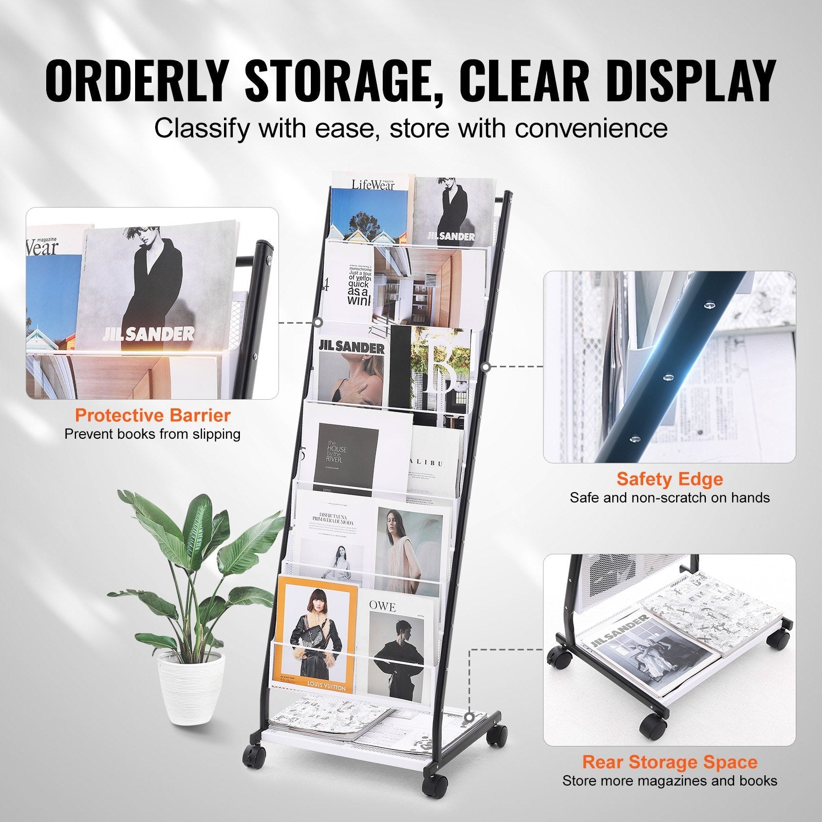 VEVOR Brochure Display Rack, 6-Tier Magazine Literature Display Stand, Floor Standing Magazine Rack Newspaper Catalog Holders, Movable with 4 Wheels (2 Lockable) for Shop Exhibitions Office, 6 Pockets 