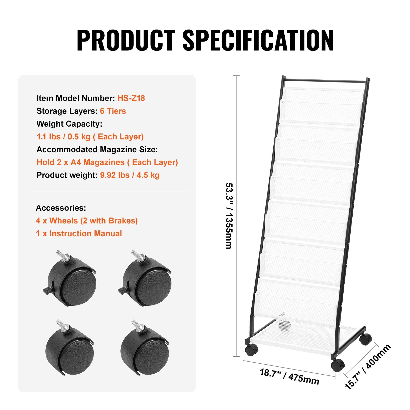 VEVOR Brochure Display Rack, 6-Tier Magazine Literature Display Stand, Floor Standing Magazine Rack Newspaper Catalog Holders, Movable with 4 Wheels (2 Lockable) for Shop Exhibitions Office, 6 Pockets 