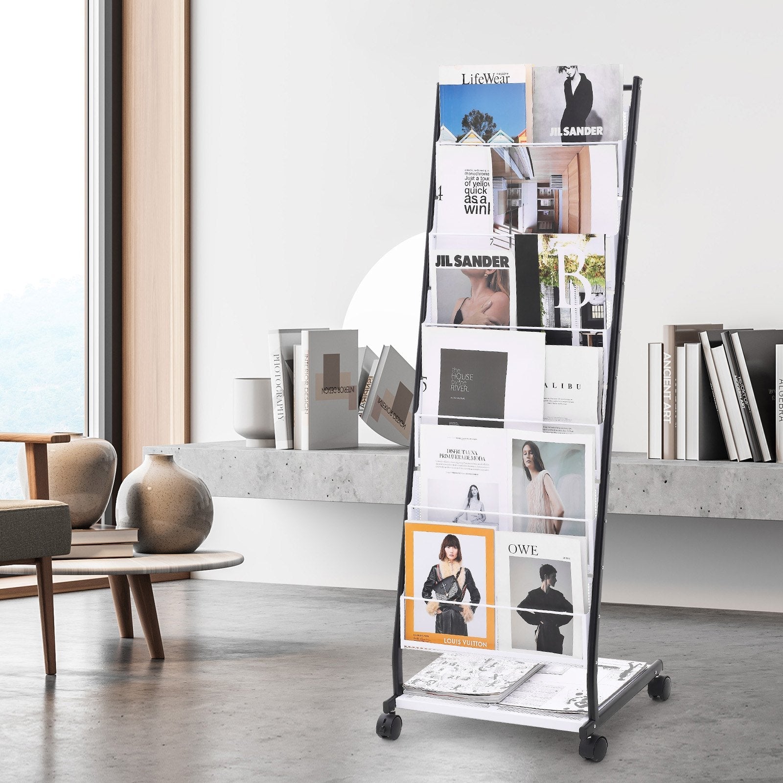 VEVOR Brochure Display Rack, 6-Tier Magazine Literature Display Stand, Floor Standing Magazine Rack Newspaper Catalog Holders, Movable with 4 Wheels (2 Lockable) for Shop Exhibitions Office, 6 Pockets 