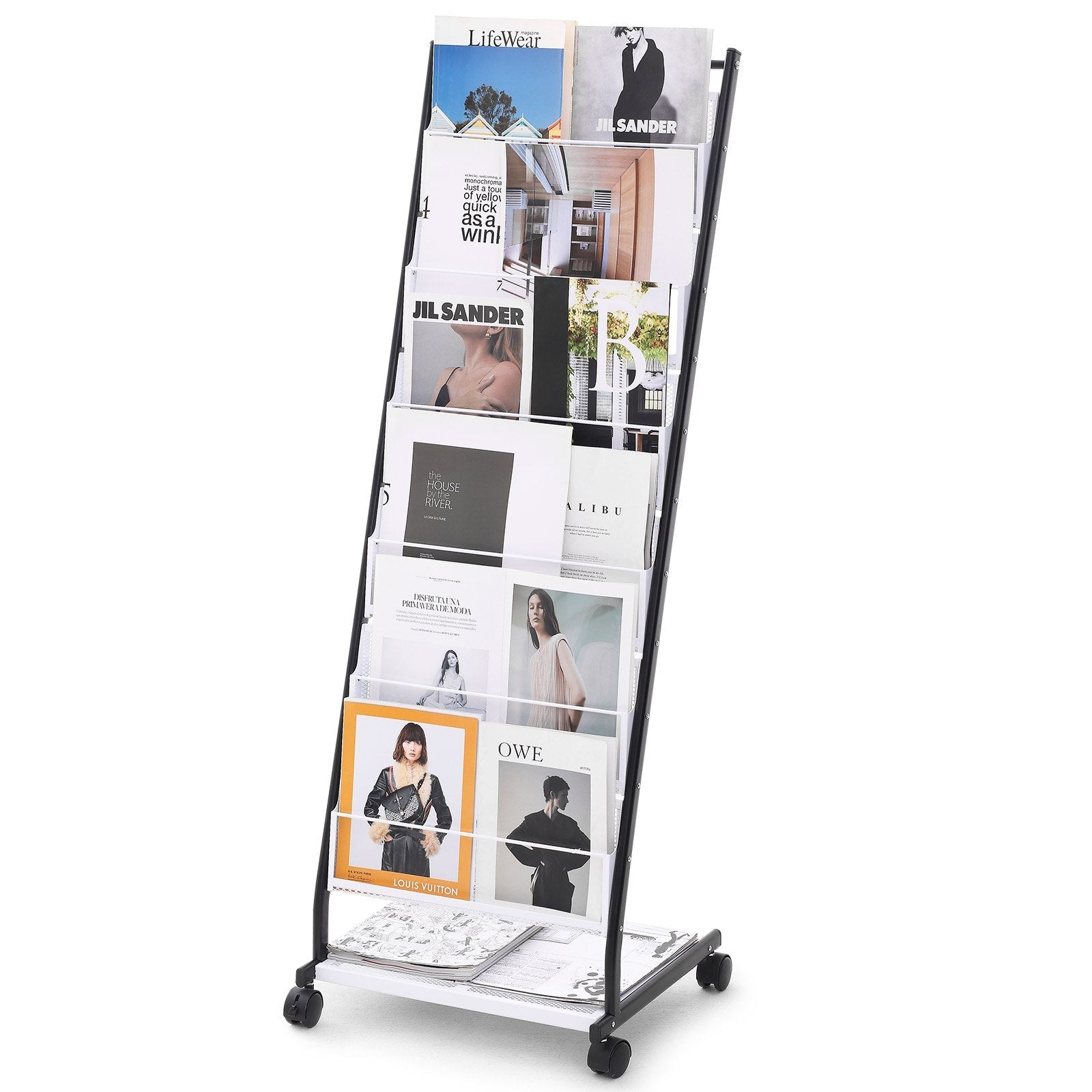 VEVOR Brochure Display Rack, 6-Tier Magazine Literature Display Stand, Floor Standing Magazine Rack Newspaper Catalog Holders, Movable with 4 Wheels (2 Lockable) for Shop Exhibitions Office, 6 Pockets 