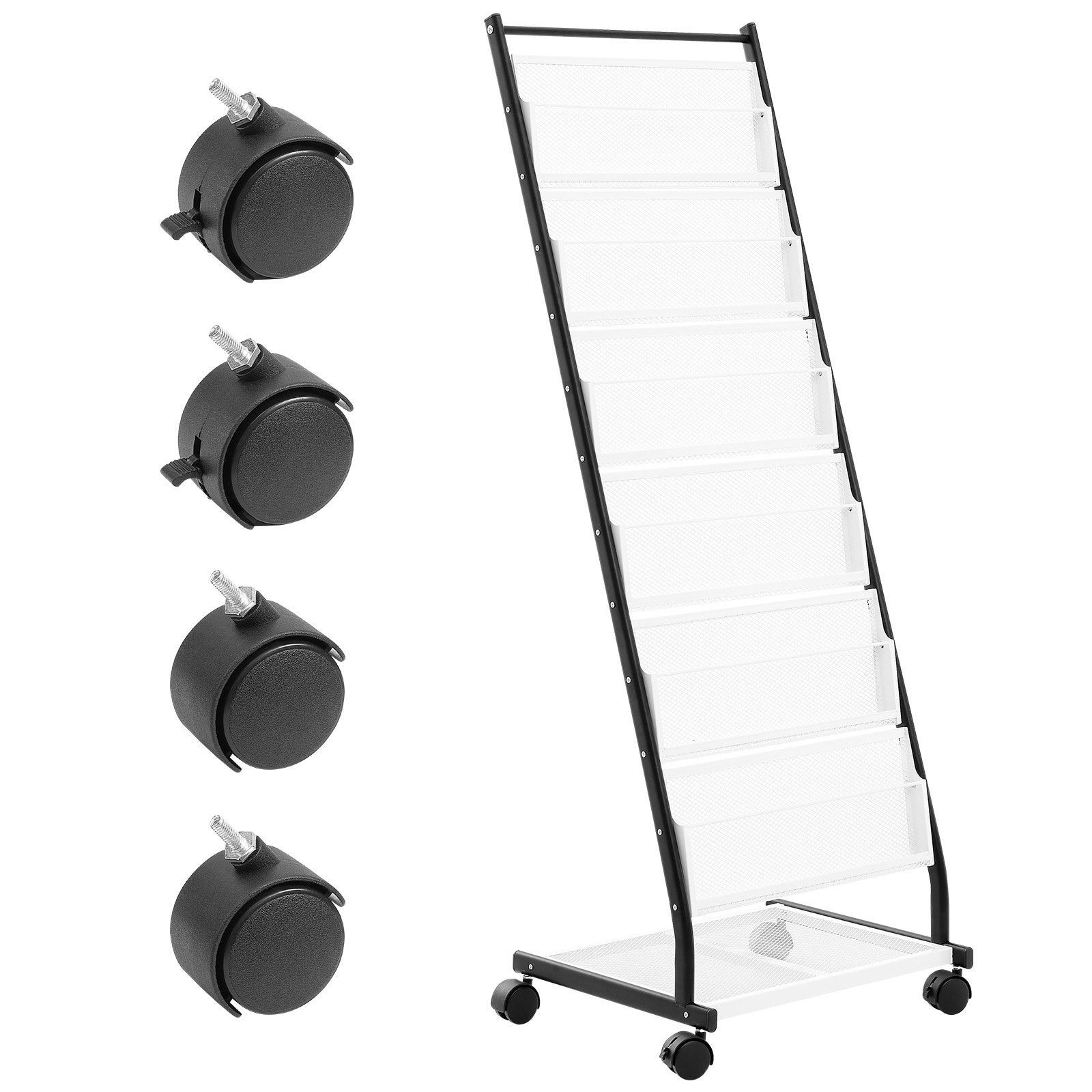 VEVOR Brochure Display Rack, 6-Tier Magazine Literature Display Stand, Floor Standing Magazine Rack Newspaper Catalog Holders, Movable with 4 Wheels (2 Lockable) for Shop Exhibitions Office, 6 Pockets 