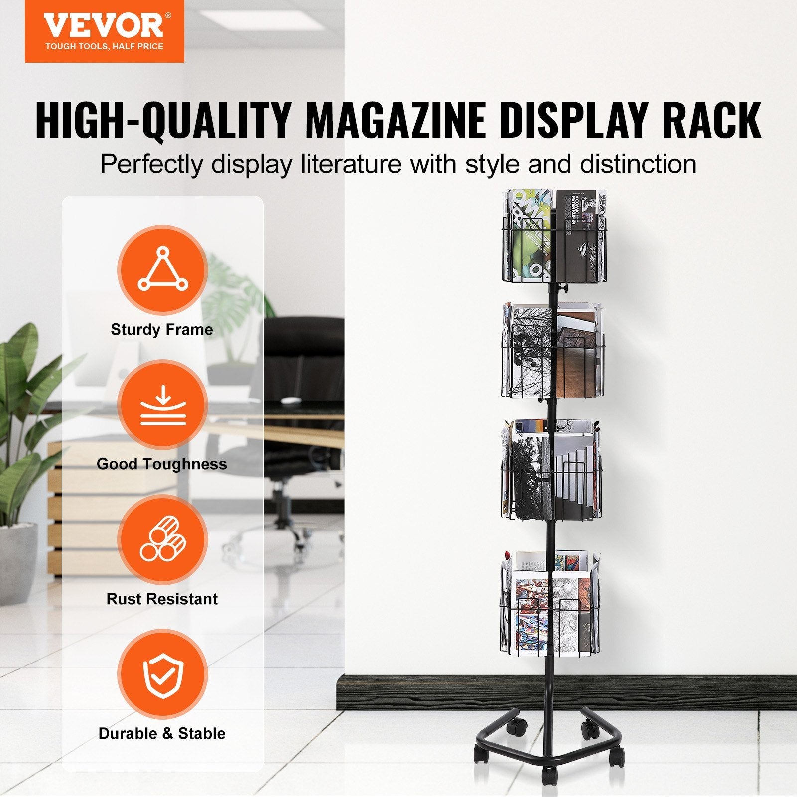 VEVOR Brochure Display Rack 32-Pocket Rotating Literature Display Stand 5 Wheels 
