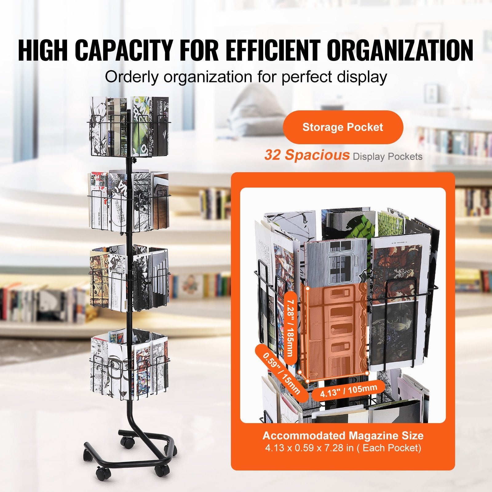 VEVOR Brochure Display Rack 32-Pocket Rotating Literature Display Stand 5 Wheels 