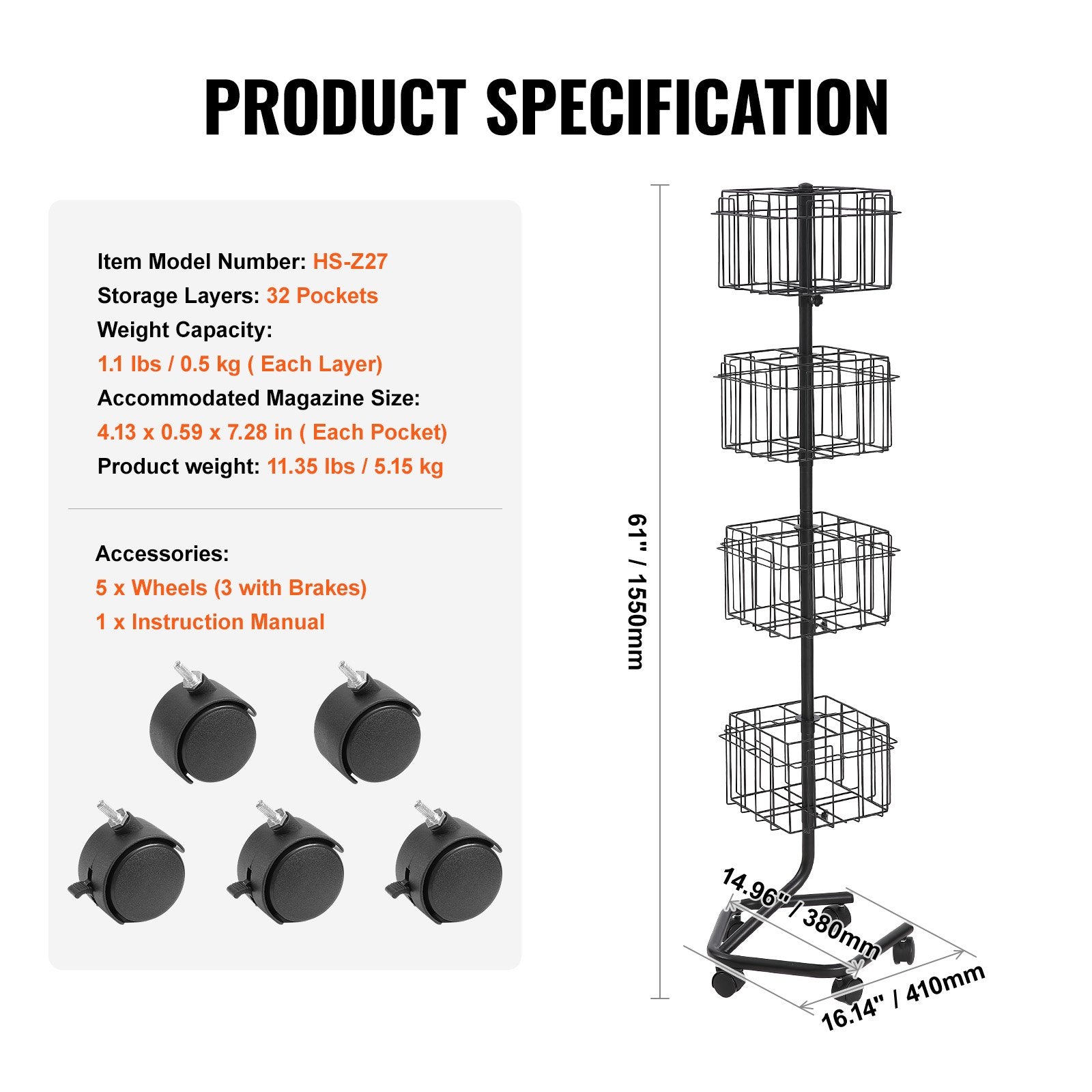 VEVOR Brochure Display Rack 32-Pocket Rotating Literature Display Stand 5 Wheels 