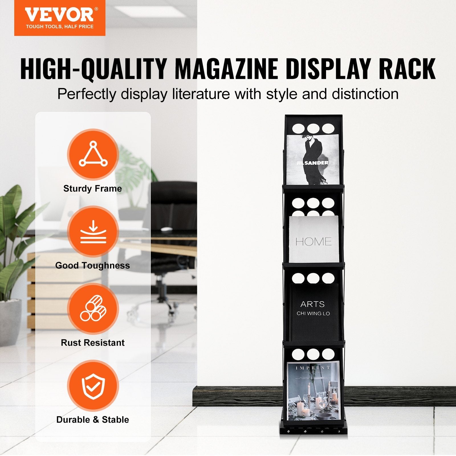 VEVOR Foldable Magazine Display Rack. 4-Tier Brochure Literature Display Stand, Portable Catalog Brochure Holder Stand with Carrying Bag for Office Trade Show Exhibitions, 4 Pockets 