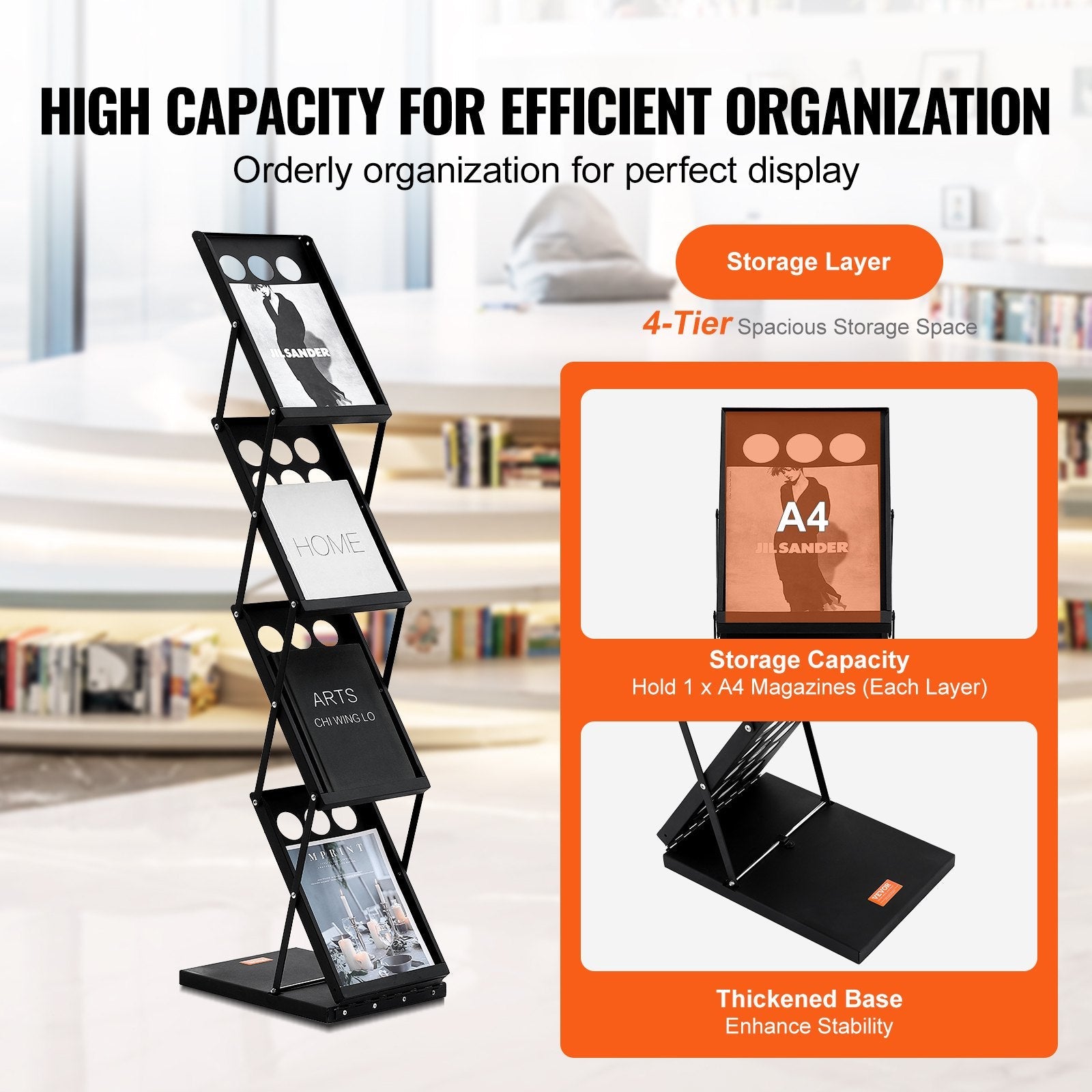 VEVOR Foldable Magazine Display Rack. 4-Tier Brochure Literature Display Stand, Portable Catalog Brochure Holder Stand with Carrying Bag for Office Trade Show Exhibitions, 4 Pockets 
