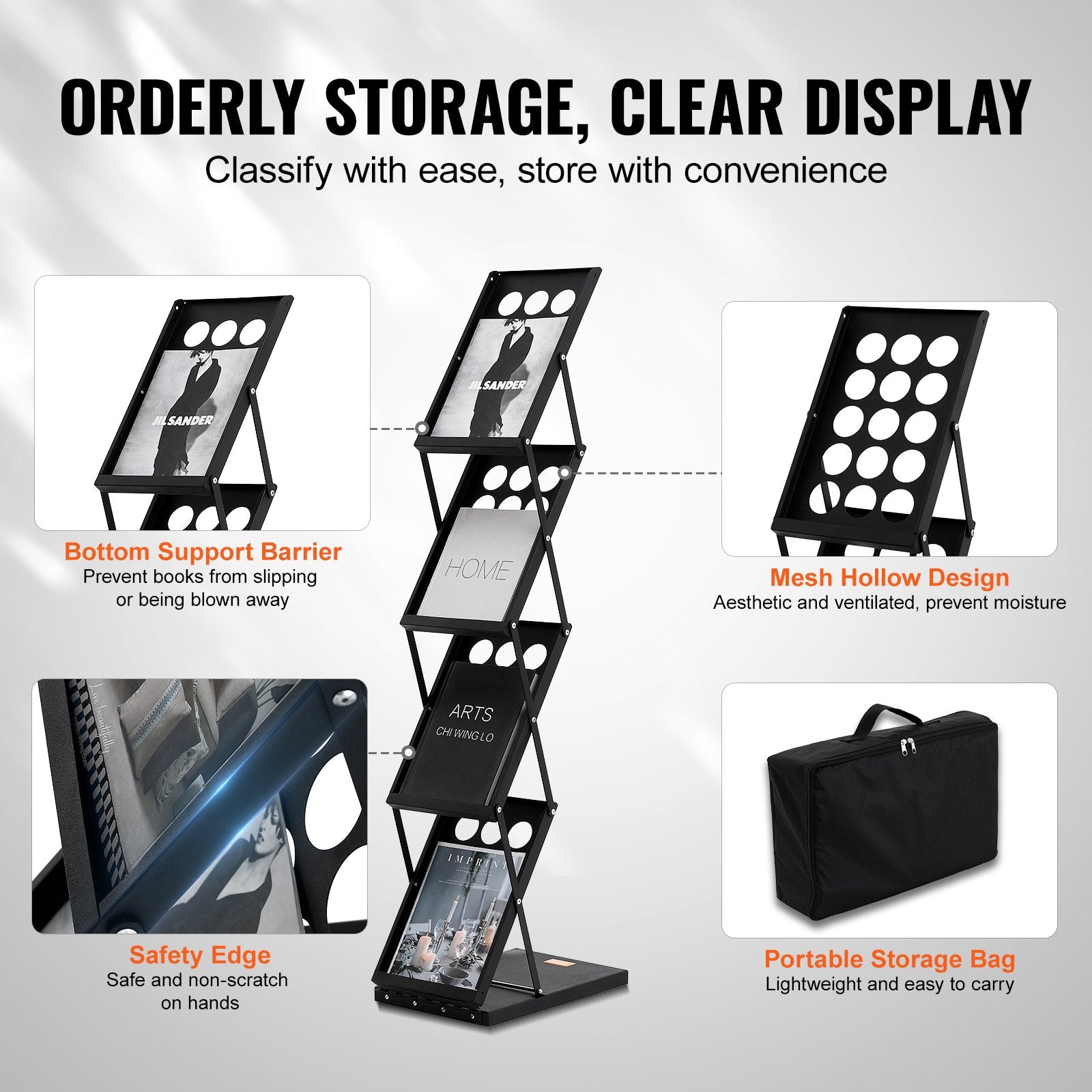 VEVOR Foldable Magazine Display Rack. 4-Tier Brochure Literature Display Stand, Portable Catalog Brochure Holder Stand with Carrying Bag for Office Trade Show Exhibitions, 4 Pockets 