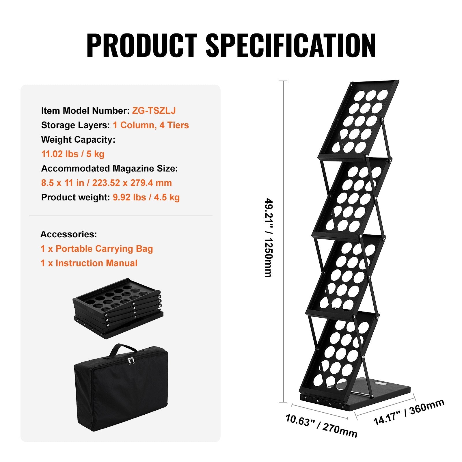 VEVOR Foldable Magazine Display Rack. 4-Tier Brochure Literature Display Stand, Portable Catalog Brochure Holder Stand with Carrying Bag for Office Trade Show Exhibitions, 4 Pockets 