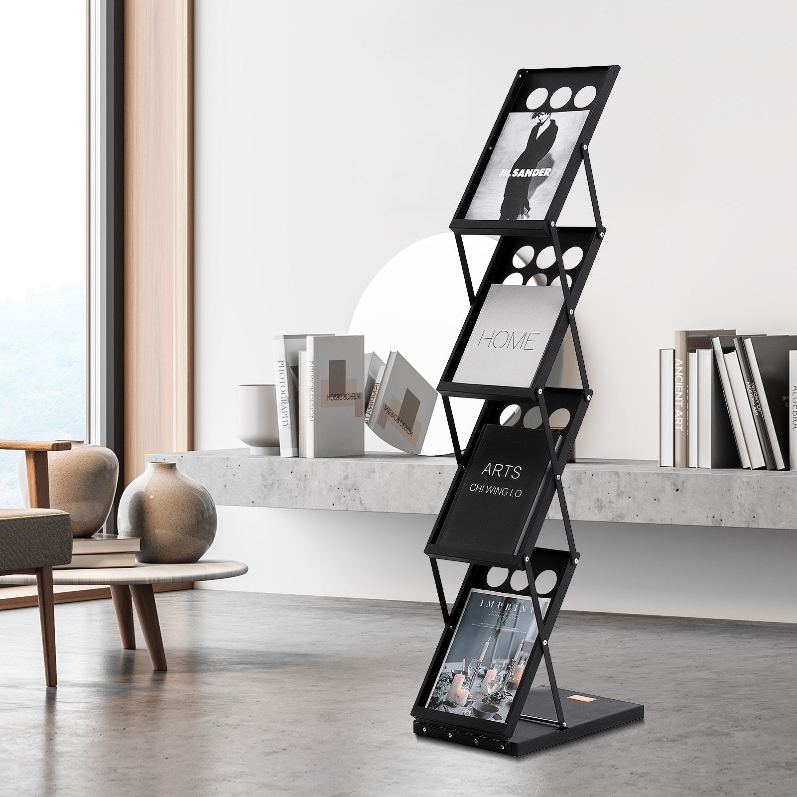 VEVOR Foldable Magazine Display Rack. 4-Tier Brochure Literature Display Stand, Portable Catalog Brochure Holder Stand with Carrying Bag for Office Trade Show Exhibitions, 4 Pockets 