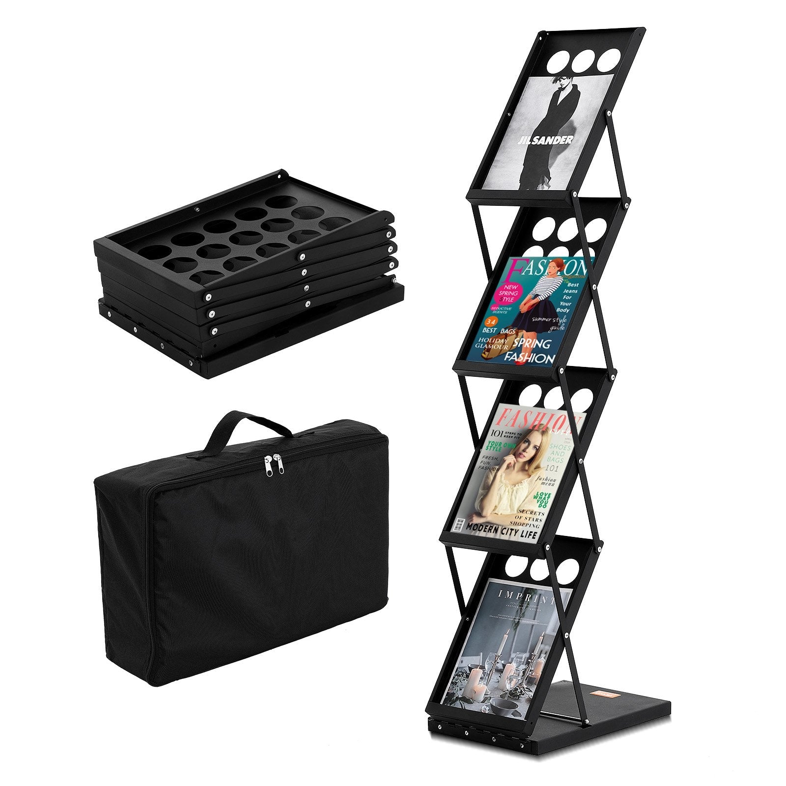 VEVOR Foldable Magazine Display Rack. 4-Tier Brochure Literature Display Stand, Portable Catalog Brochure Holder Stand with Carrying Bag for Office Trade Show Exhibitions, 4 Pockets 