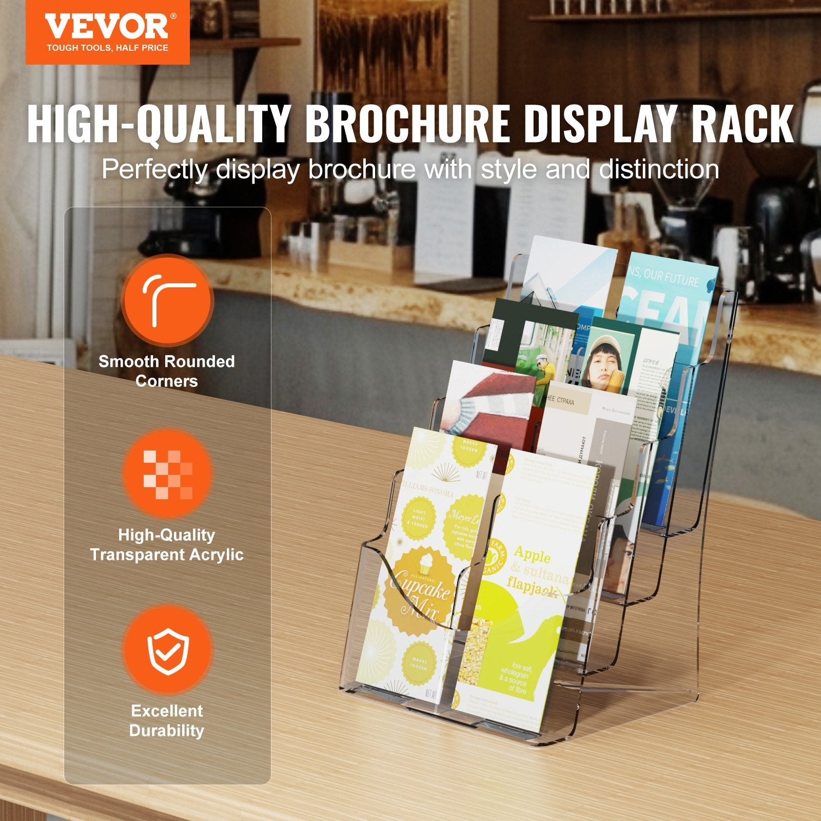 VEVOR Acrylic Brochure Holder 8.5 x 11 inch, 4-Tier Clear Acrylic Literature Display Stand, Plastic Literature Organizer Flyer Stand & Removable Divider for Office Exhibition, Countertop or Wall Mount 