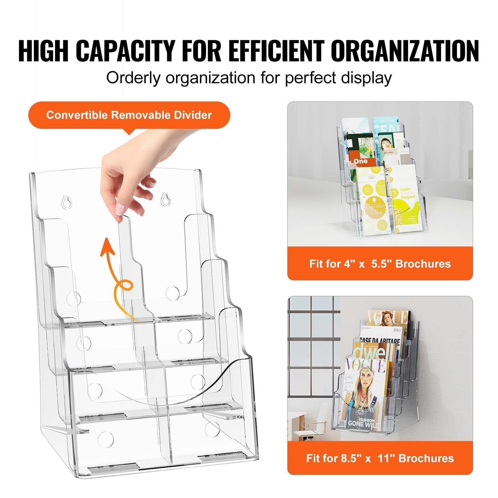 VEVOR Acrylic Brochure Holder 8.5 x 11 inch, 4-Tier Clear Acrylic Literature Display Stand, Plastic Literature Organizer Flyer Stand & Removable Divider for Office Exhibition, Countertop or Wall Mount 