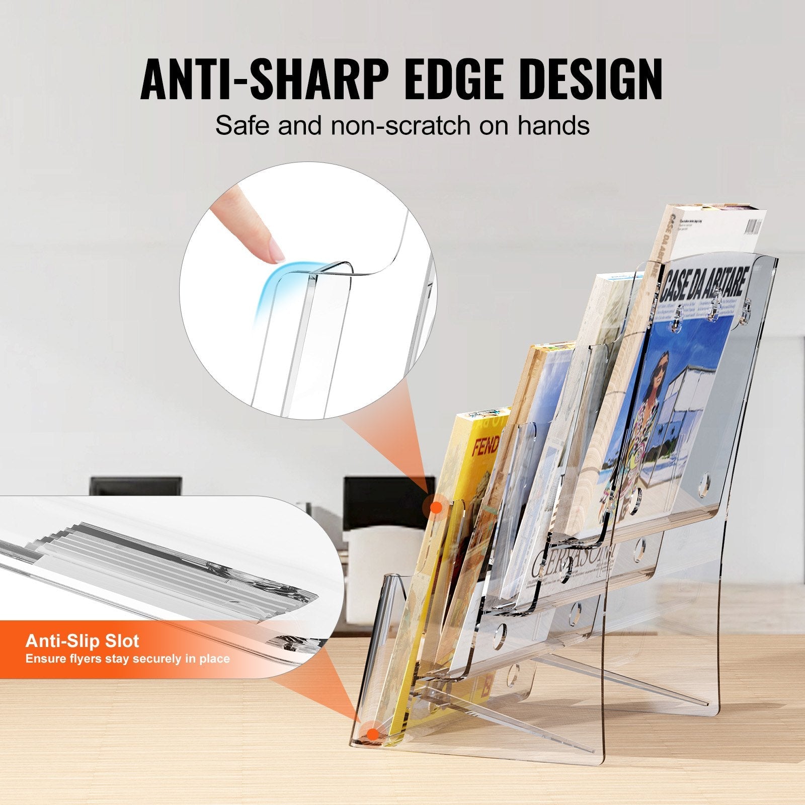 VEVOR Acrylic Brochure Holder 8.5 x 11 inch, 4-Tier Clear Acrylic Literature Display Stand, Plastic Literature Organizer Flyer Stand & Removable Divider for Office Exhibition, Countertop or Wall Mount 