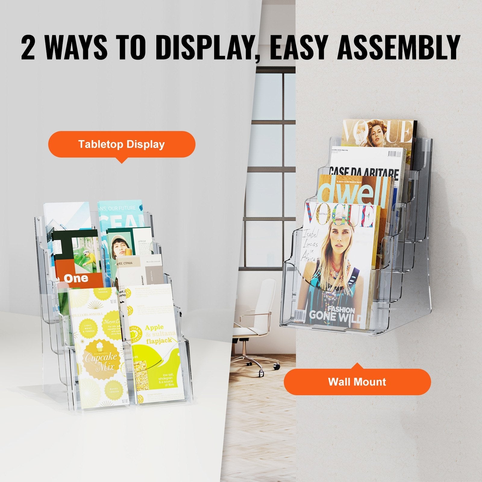 VEVOR Acrylic Brochure Holder 8.5 x 11 inch, 4-Tier Clear Acrylic Literature Display Stand, Plastic Literature Organizer Flyer Stand & Removable Divider for Office Exhibition, Countertop or Wall Mount 