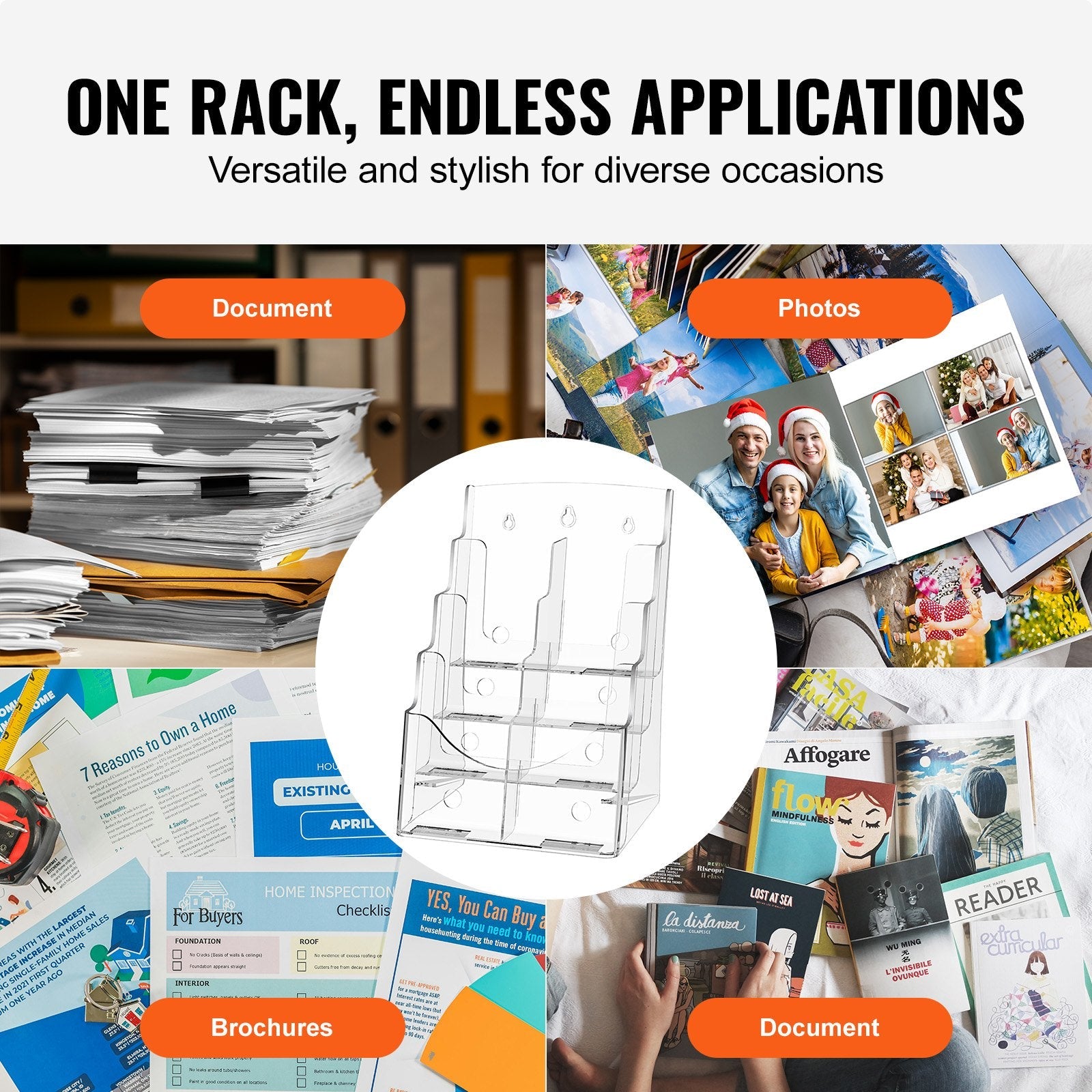 VEVOR Acrylic Brochure Holder 8.5 x 11 inch, 4-Tier Clear Acrylic Literature Display Stand, Plastic Literature Organizer Flyer Stand & Removable Divider for Office Exhibition, Countertop or Wall Mount 