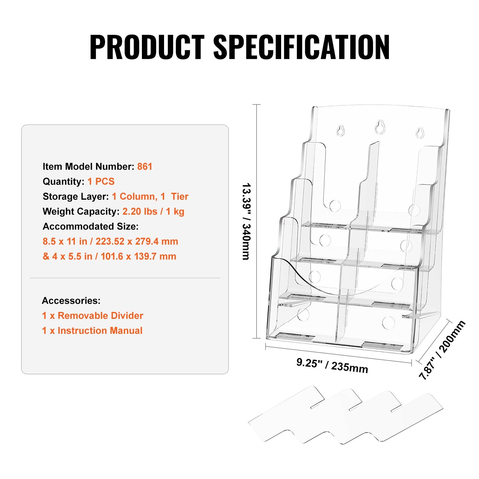 VEVOR Acrylic Brochure Holder 8.5 x 11 inch, 4-Tier Clear Acrylic Literature Display Stand, Plastic Literature Organizer Flyer Stand & Removable Divider for Office Exhibition, Countertop or Wall Mount 