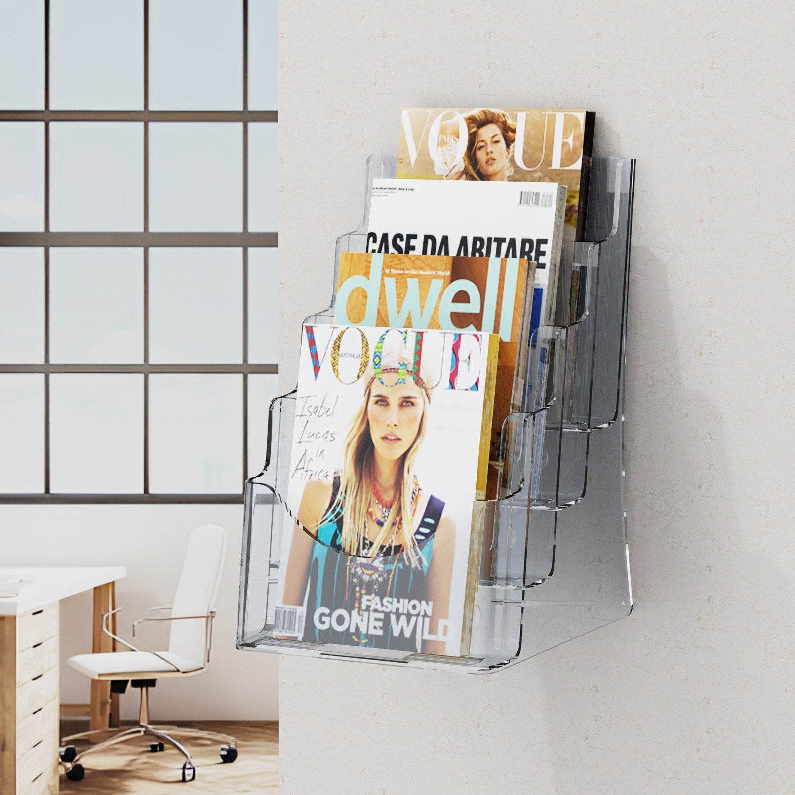 VEVOR Acrylic Brochure Holder 8.5 x 11 inch, 4-Tier Clear Acrylic Literature Display Stand, Plastic Literature Organizer Flyer Stand & Removable Divider for Office Exhibition, Countertop or Wall Mount 