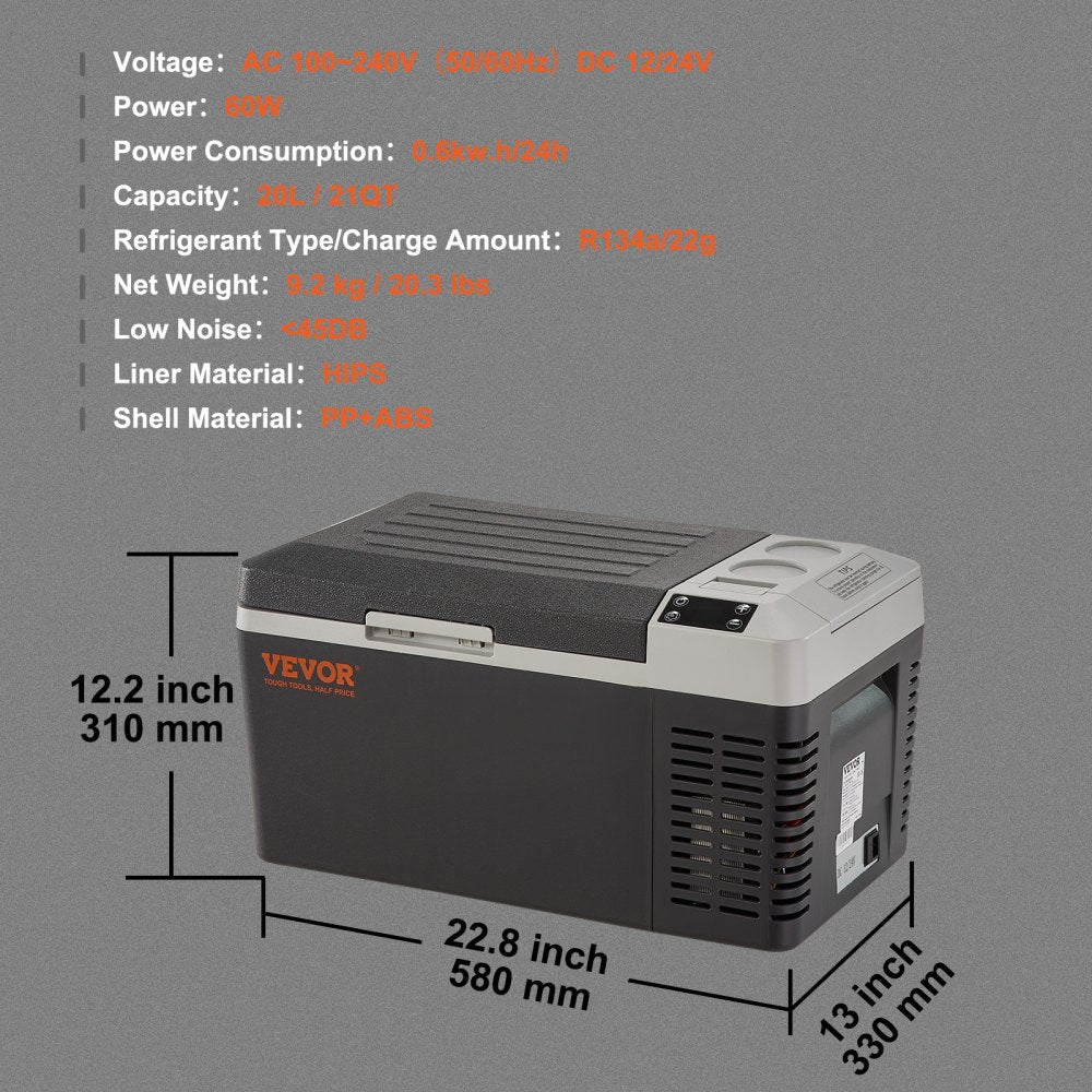 VEVOR Car Refrigerator, 12 Volt Car Refrigerator Fridge, 21 QT/20 L Single Zone Portable Freezer, -4?-50? Adjustable Range, 12/24V DC and 100-240V AC Compressor Cooler for Outdoor, Camping, Travel, RV 