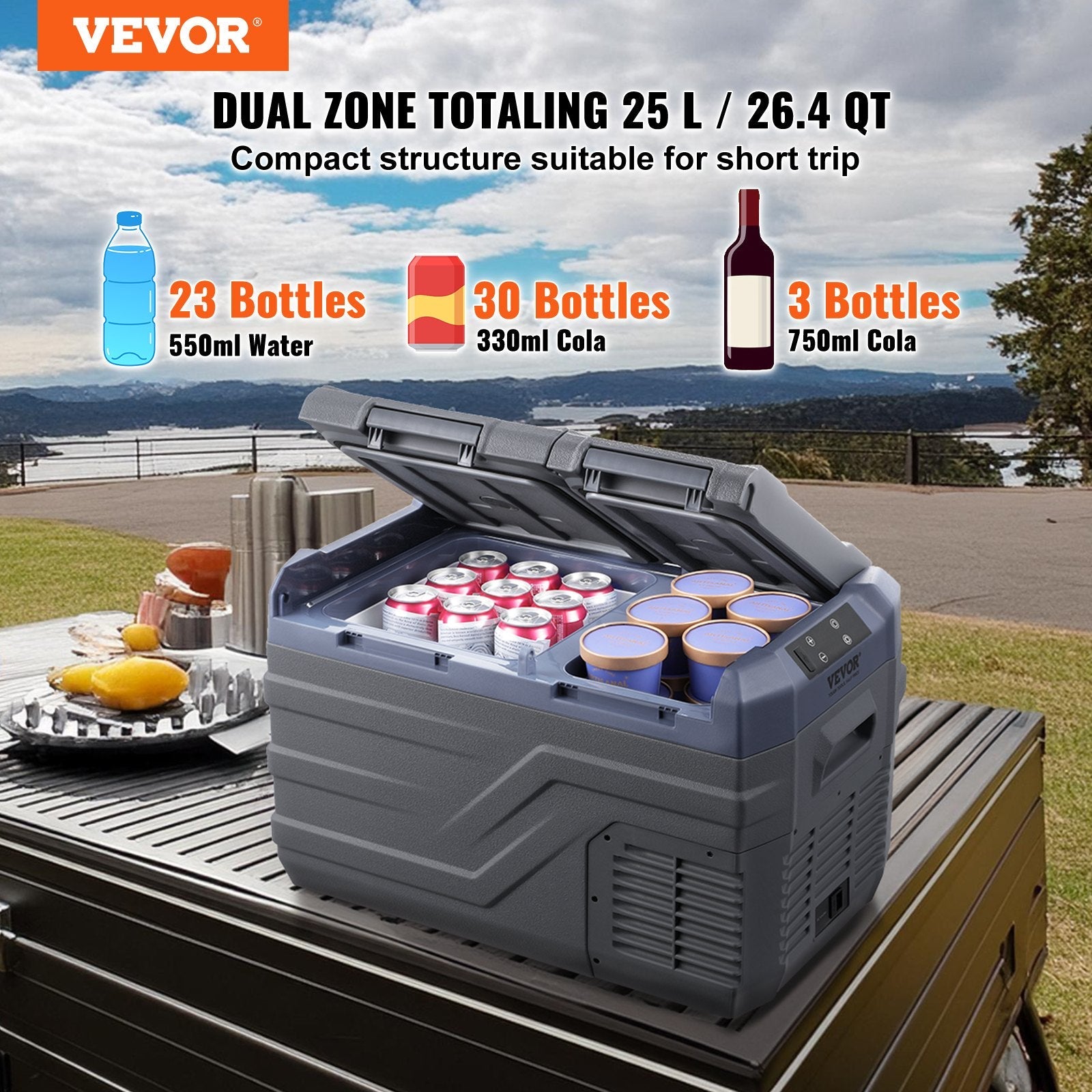 VEVOR Portable Car Refrigerator Freezer Compressor 25 L Dual Zone for Home Car 