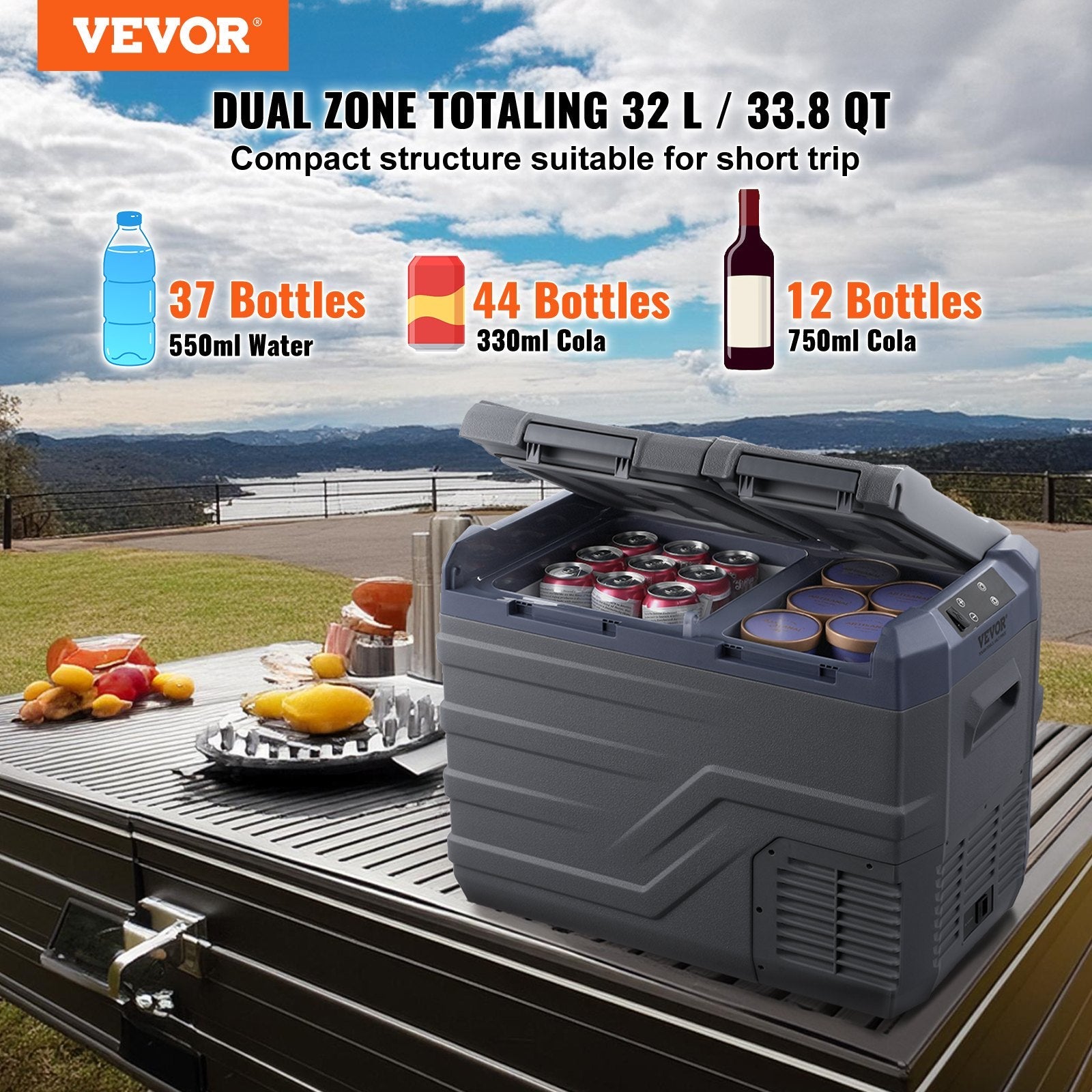 VEVOR Portable Car Refrigerator Freezer Compressor 32 L Dual Zone for Home Car 