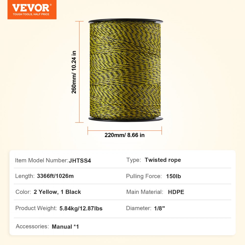 VEVOR 3366Ft 1026M Electric Fence Wire Fencing Polywire Horse Cattle Livestock 