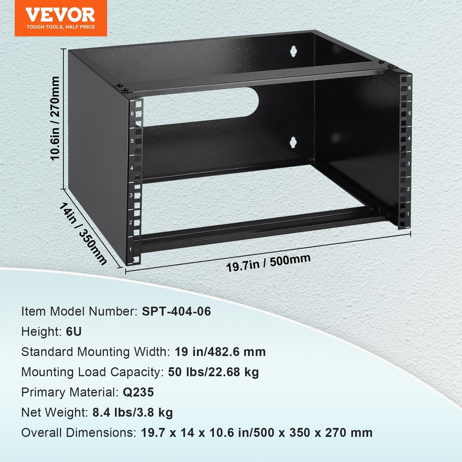 VEVOR 6U Wall Mount Network Rack 14 in/355.6 mm Depth Server Rack 50lbs/22.68kg 