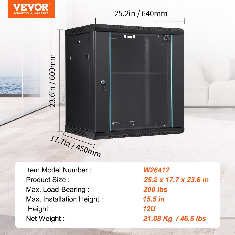 VEVOR 12U Wall Mount Network Server Cabinet, 15.5'' Deep, Server Rack Cabinet Enclosure, 200 lbs Max. Ground-mounted Load Capacity, with Locking Glass Door Side Panels, for IT Equipment, A/V Devices 