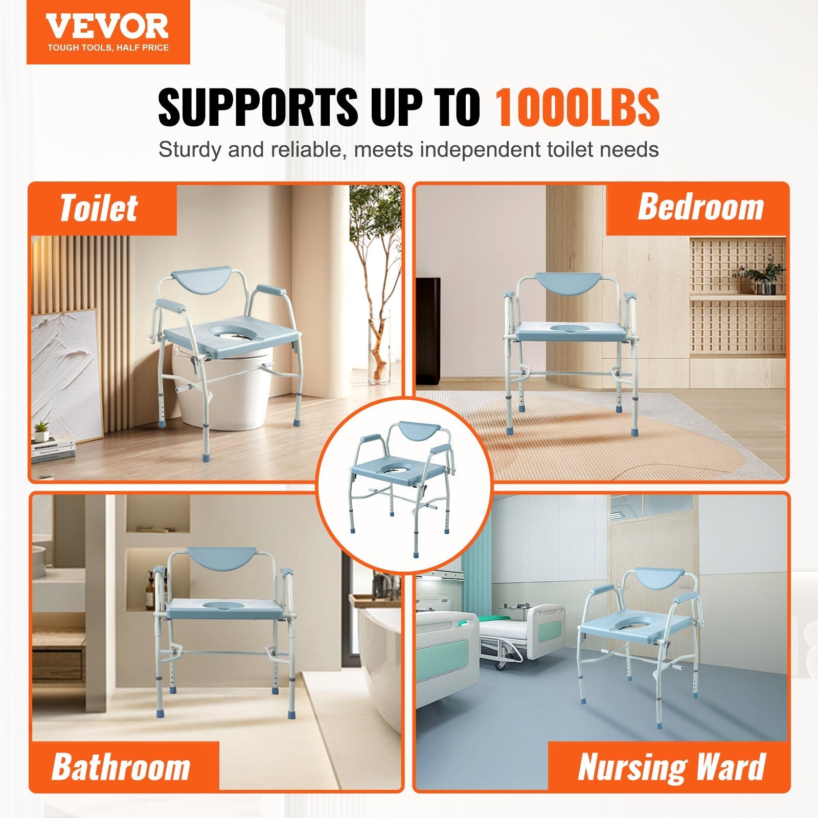 VEVOR Commode Chair, Bedside Commode with Drop-Down Arms and Detachable Backrest, 5-Level Adjustable Height, 7L Removable Bucket, Easy to Assemble, 1000LBS Capacity, Portable Toilet for Adults Seniors 