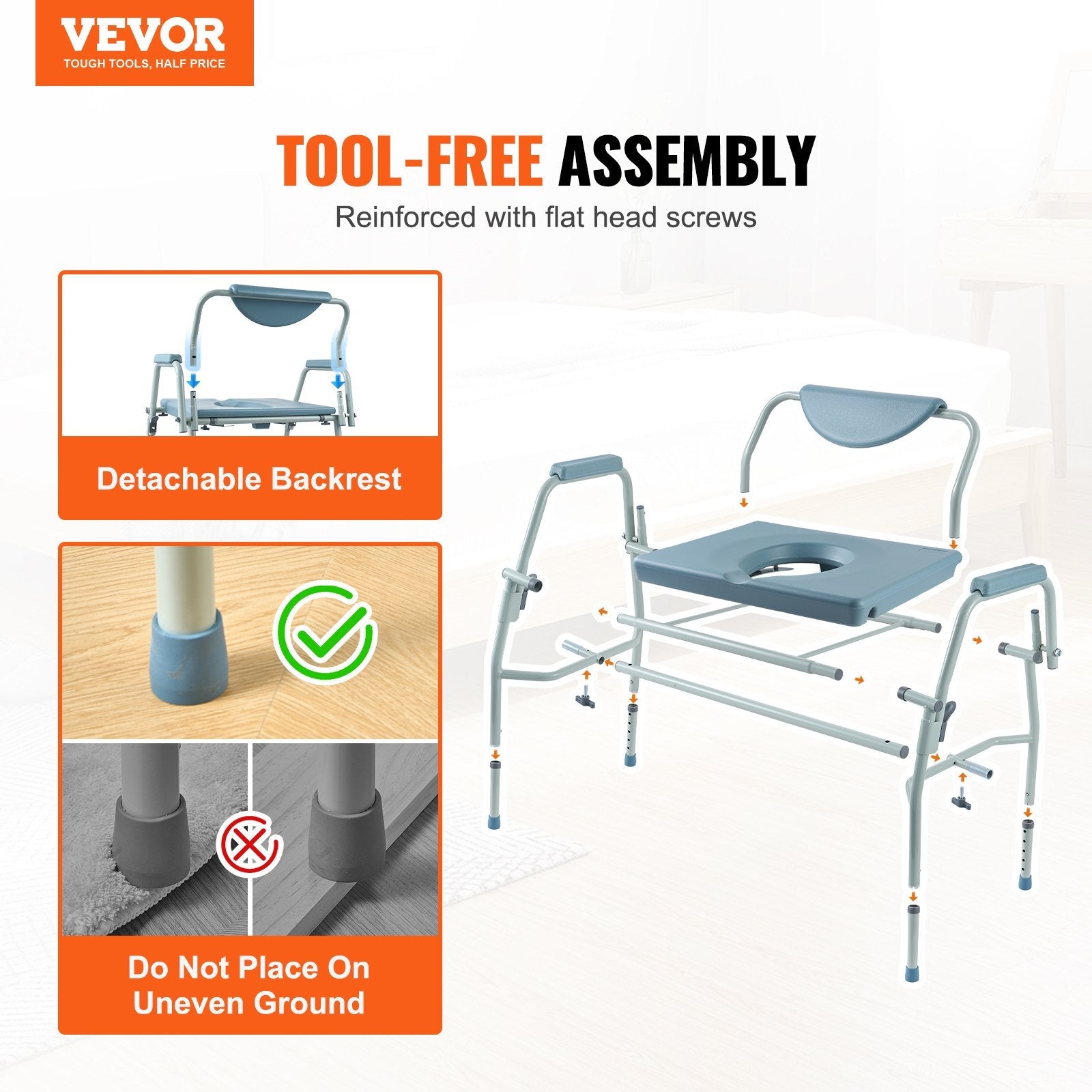 VEVOR Commode Chair, Bedside Commode with Drop-Down Arms and Detachable Backrest, 5-Level Adjustable Height, 7L Removable Bucket, Easy to Assemble, 1000LBS Capacity, Portable Toilet for Adults Seniors 