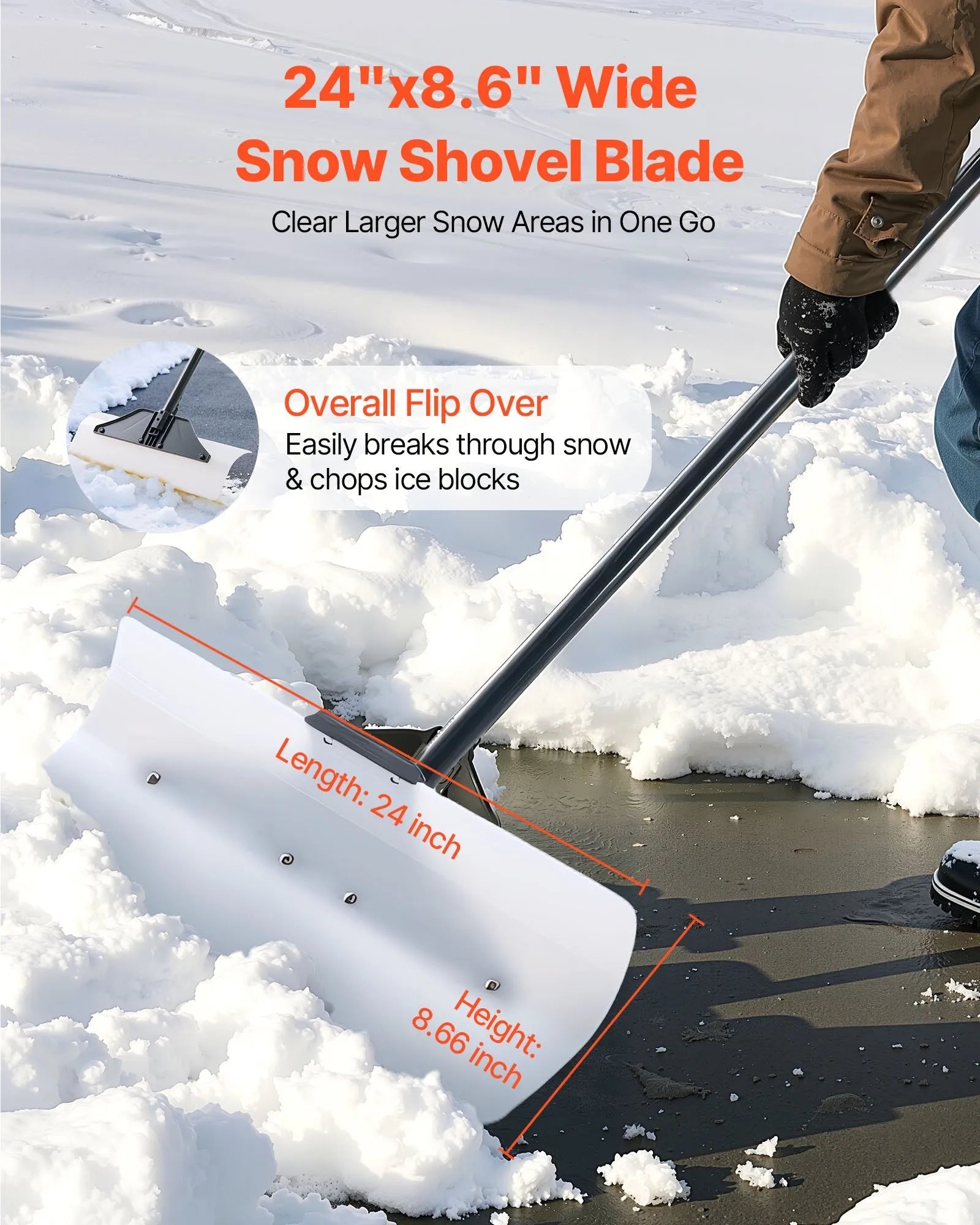 VEVOR Snow Pusher Shovel, 24 in Wide Outdoor Snowplow Shovel with Ergonomic Grip, HDPE Plastic Blade, Winter Shovels with Segmented Handle, Portable Snow Removal Tool for Driveway Garden Camping 