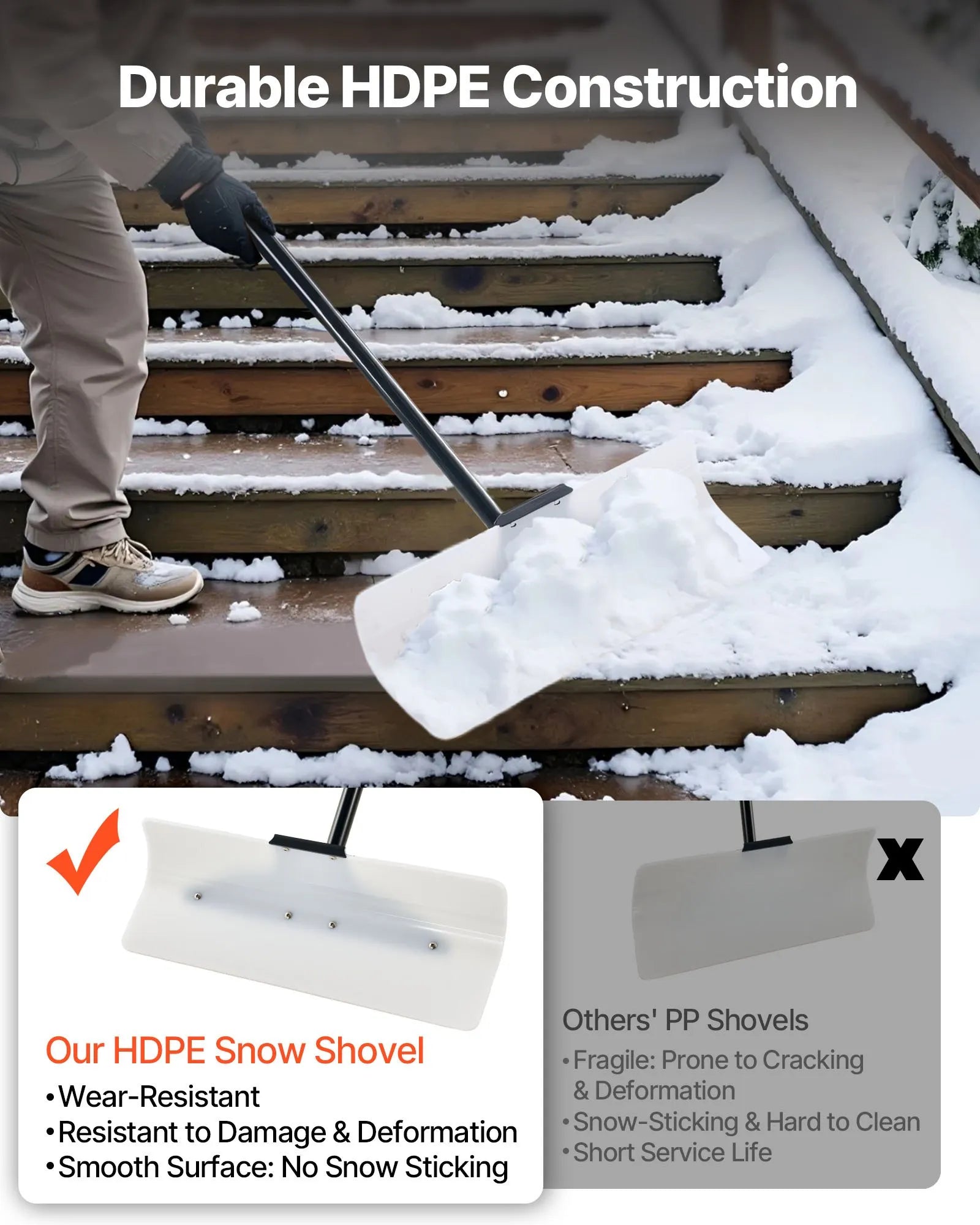 VEVOR Snow Pusher Shovel, 24 in Wide Outdoor Snowplow Shovel with Ergonomic Grip, HDPE Plastic Blade, Winter Shovels with Segmented Handle, Portable Snow Removal Tool for Driveway Garden Camping 