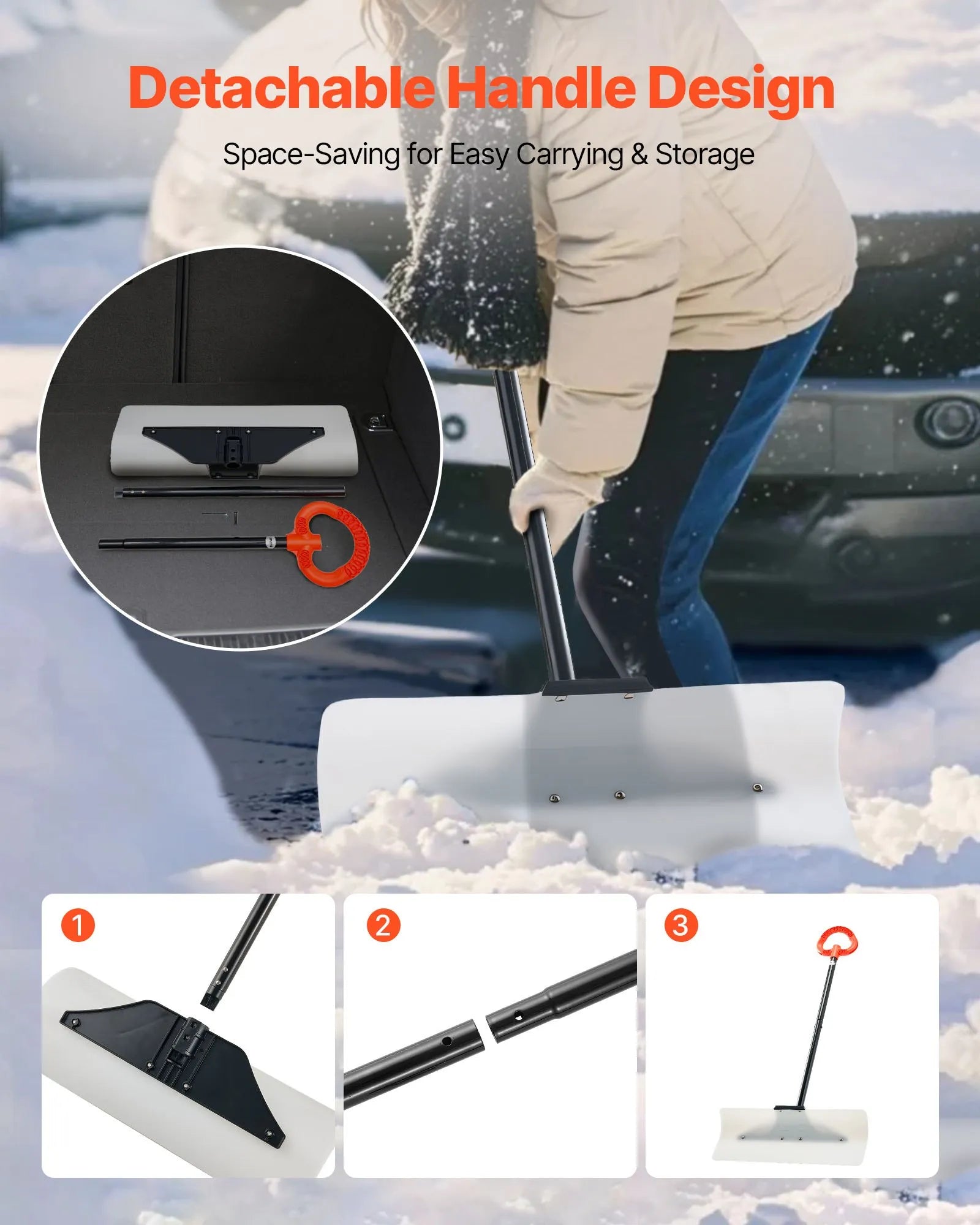 VEVOR Snow Pusher Shovel, 24 in Wide Outdoor Snowplow Shovel with Ergonomic Grip, HDPE Plastic Blade, Winter Shovels with Segmented Handle, Portable Snow Removal Tool for Driveway Garden Camping 