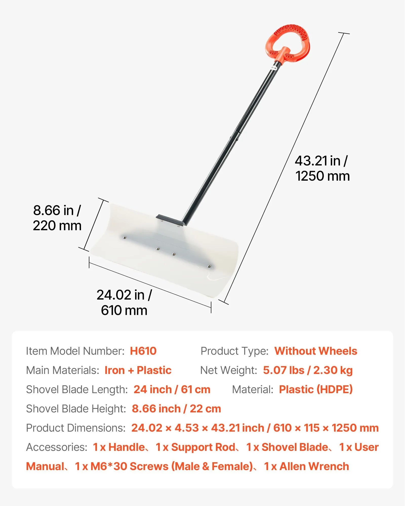VEVOR Snow Pusher Shovel, 24 in Wide Outdoor Snowplow Shovel with Ergonomic Grip, HDPE Plastic Blade, Winter Shovels with Segmented Handle, Portable Snow Removal Tool for Driveway Garden Camping 