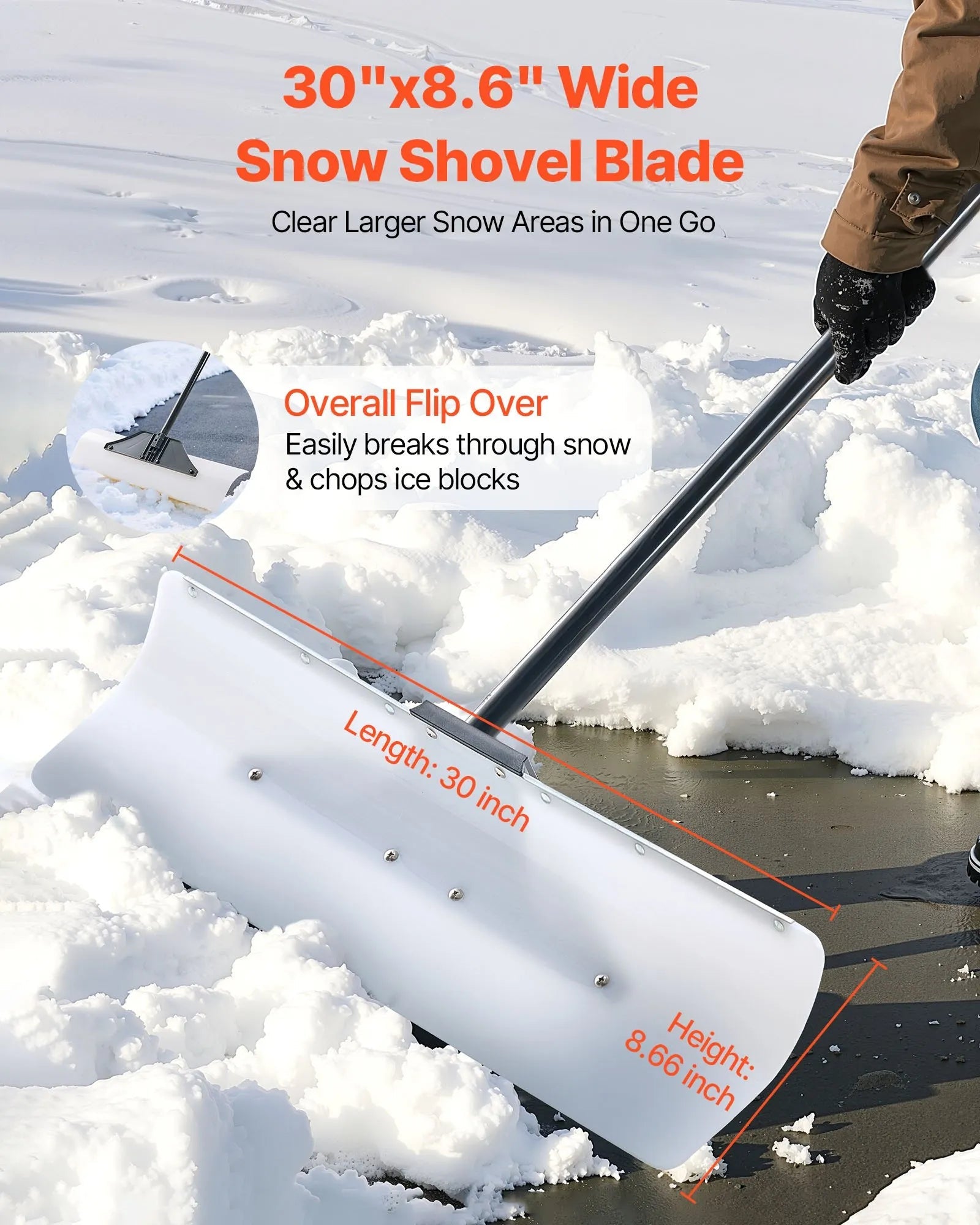 VEVOR Snow Pusher Shovel, 30 in Outdoor Snowplow Shovel with Ergonomic Grip, HDPE Plastic Blade, Winter Shovels with Segmented Handle, Metal Edged Strip, Portable Snow Removal Tool for Driveway Garden 
