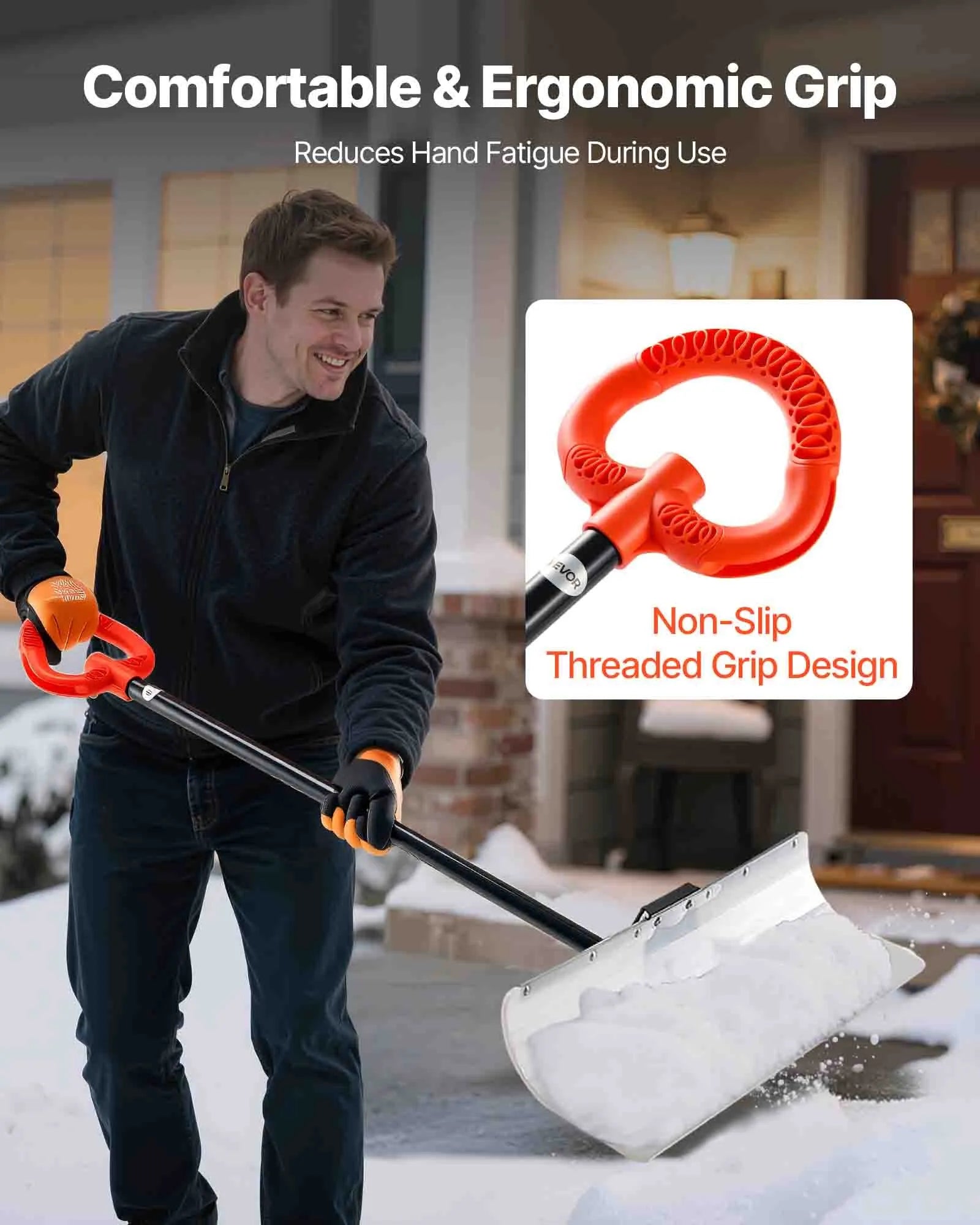 VEVOR Snow Pusher Shovel, 30 in Outdoor Snowplow Shovel with Ergonomic Grip, HDPE Plastic Blade, Winter Shovels with Segmented Handle, Metal Edged Strip, Portable Snow Removal Tool for Driveway Garden 