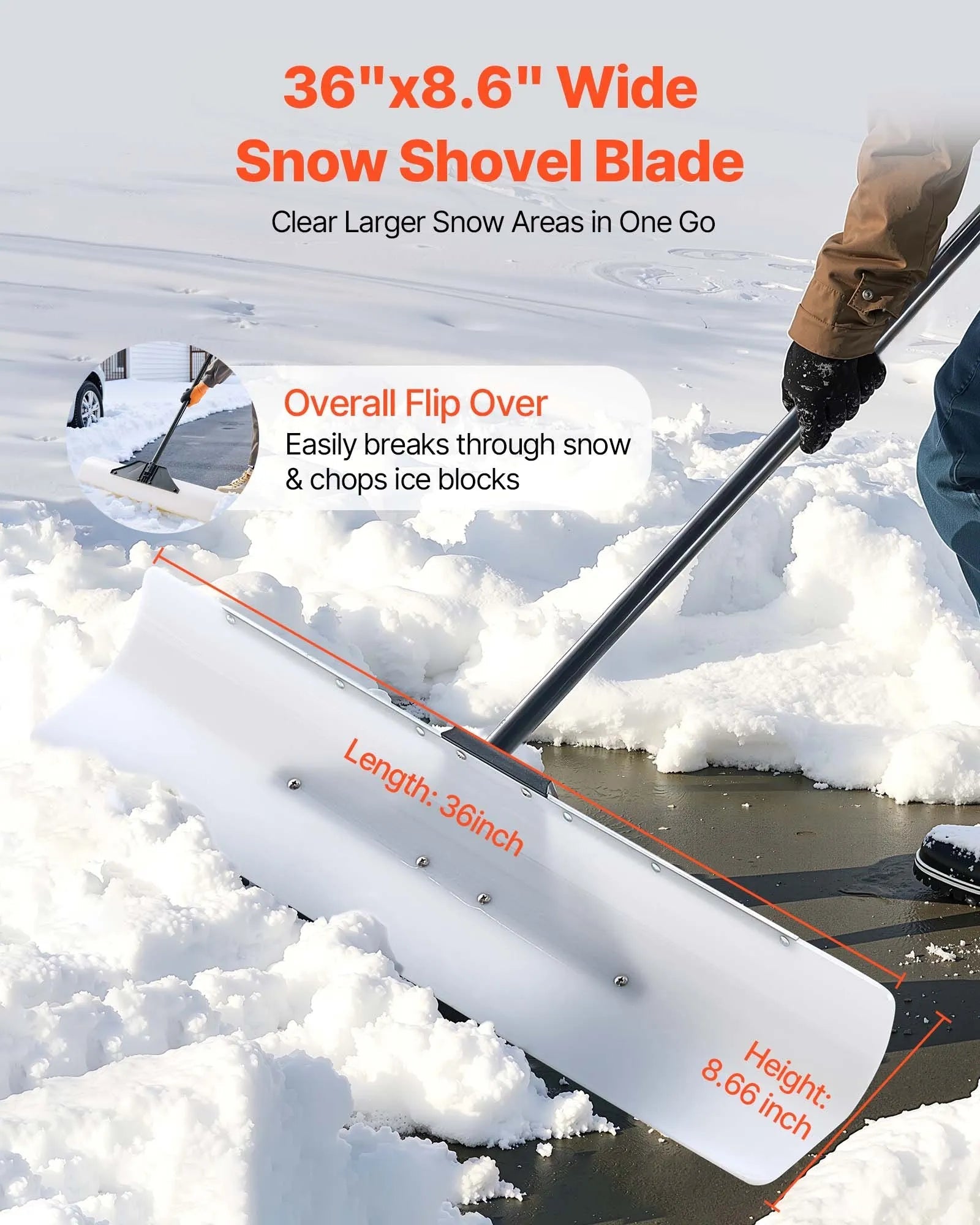 VEVOR Snow Pusher Shovel, 36 in Outdoor Snowplow Shovel with Ergonomic Grip, HDPE Plastic Blade, Winter Shovels with Segmented Handle, Metal Edged Strip, Portable Snow Removal Tool for Driveway Garden 