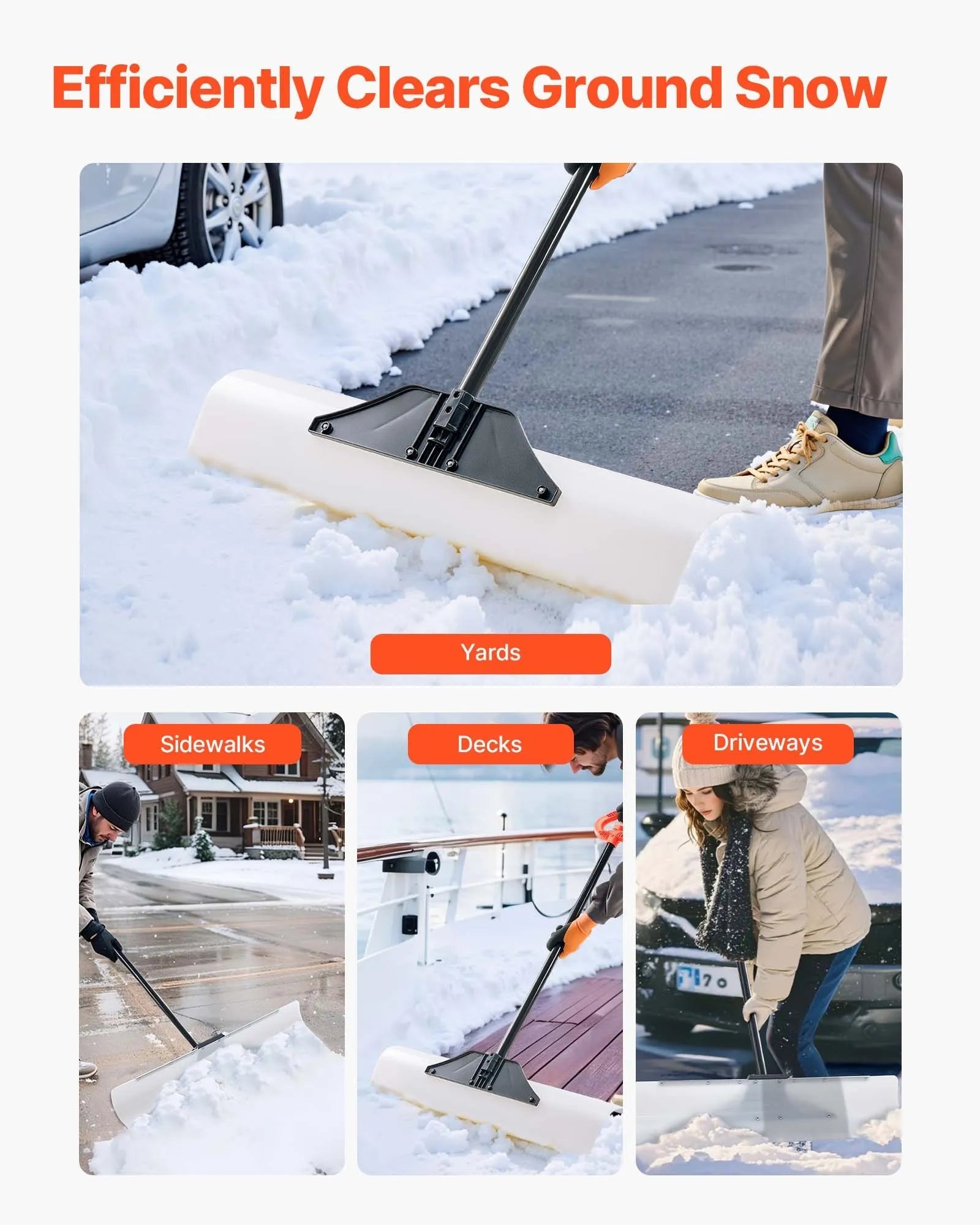 VEVOR Snow Pusher Shovel, 36 in Outdoor Snowplow Shovel with Ergonomic Grip, HDPE Plastic Blade, Winter Shovels with Segmented Handle, Metal Edged Strip, Portable Snow Removal Tool for Driveway Garden 