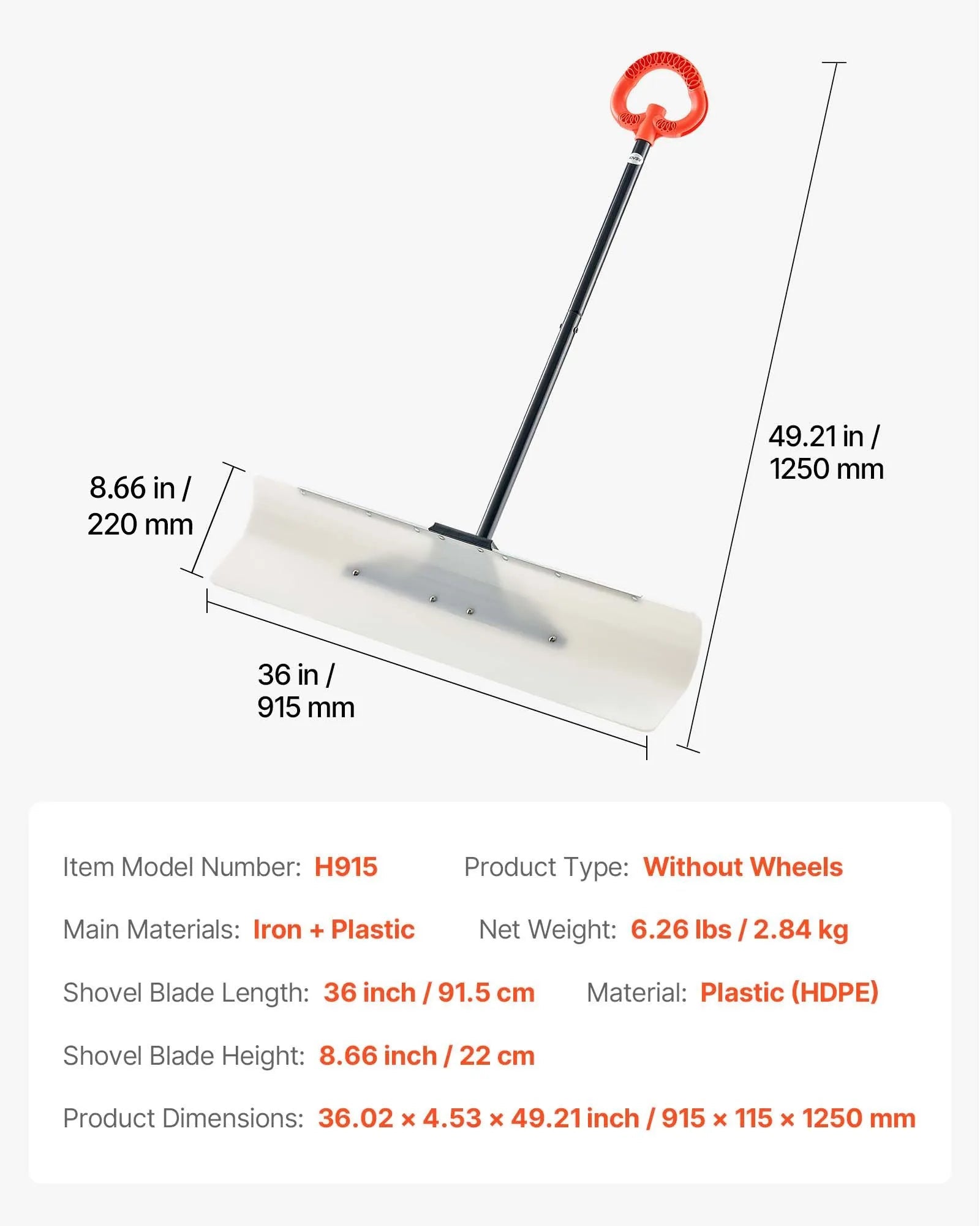 VEVOR Snow Pusher Shovel, 36 in Outdoor Snowplow Shovel with Ergonomic Grip, HDPE Plastic Blade, Winter Shovels with Segmented Handle, Metal Edged Strip, Portable Snow Removal Tool for Driveway Garden 