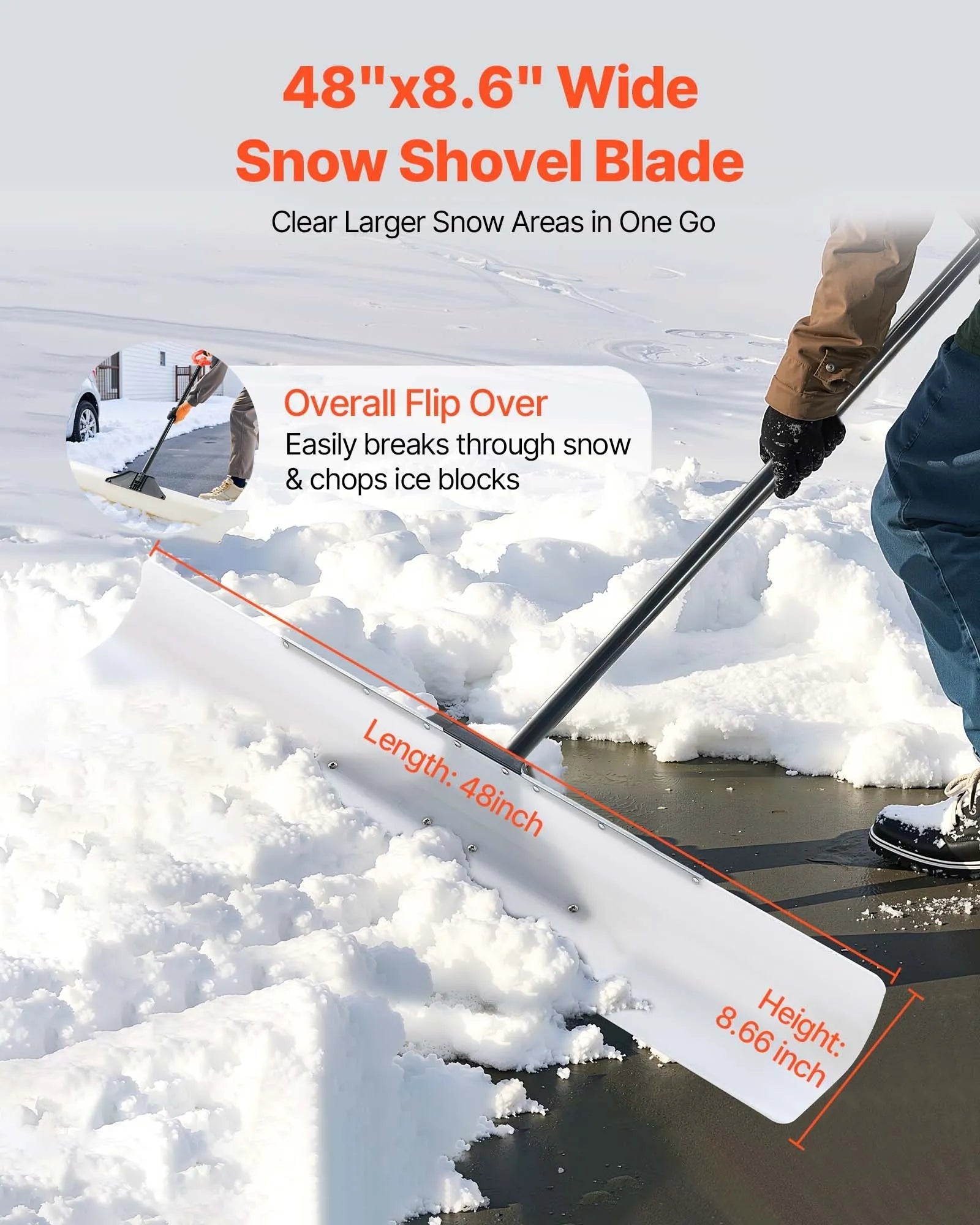 VEVOR Snow Pusher Shovel, 48 in Outdoor Snowplow Shovel with Ergonomic Grip, HDPE Plastic Blade, Winter Shovels with Segmented Handle, Metal Edged Strip, Portable Snow Removal Tool for Driveway Garden 