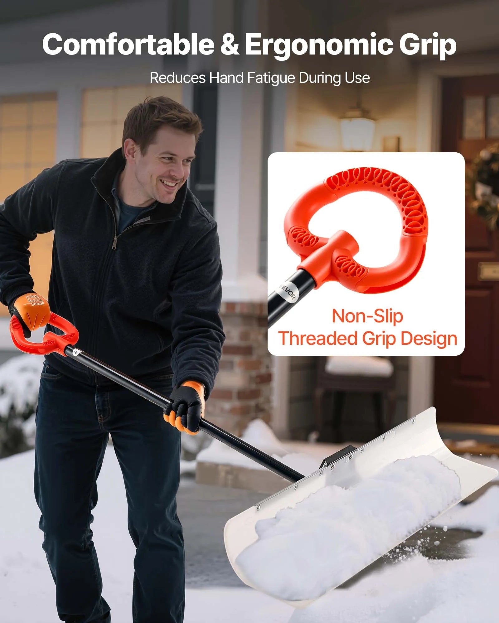 VEVOR Snow Pusher Shovel, 48 in Outdoor Snowplow Shovel with Ergonomic Grip, HDPE Plastic Blade, Winter Shovels with Segmented Handle, Metal Edged Strip, Portable Snow Removal Tool for Driveway Garden 