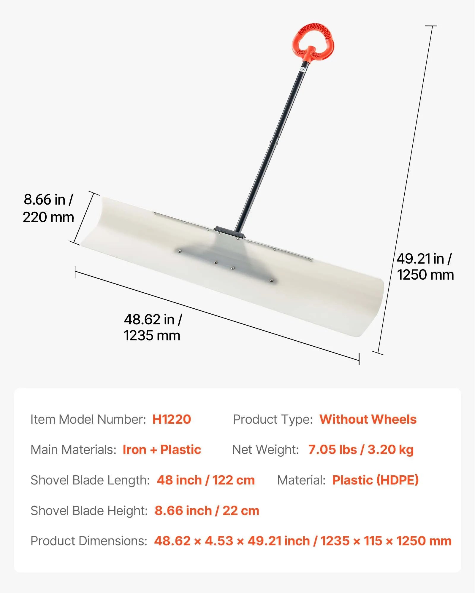 VEVOR Snow Pusher Shovel, 48 in Outdoor Snowplow Shovel with Ergonomic Grip, HDPE Plastic Blade, Winter Shovels with Segmented Handle, Metal Edged Strip, Portable Snow Removal Tool for Driveway Garden 